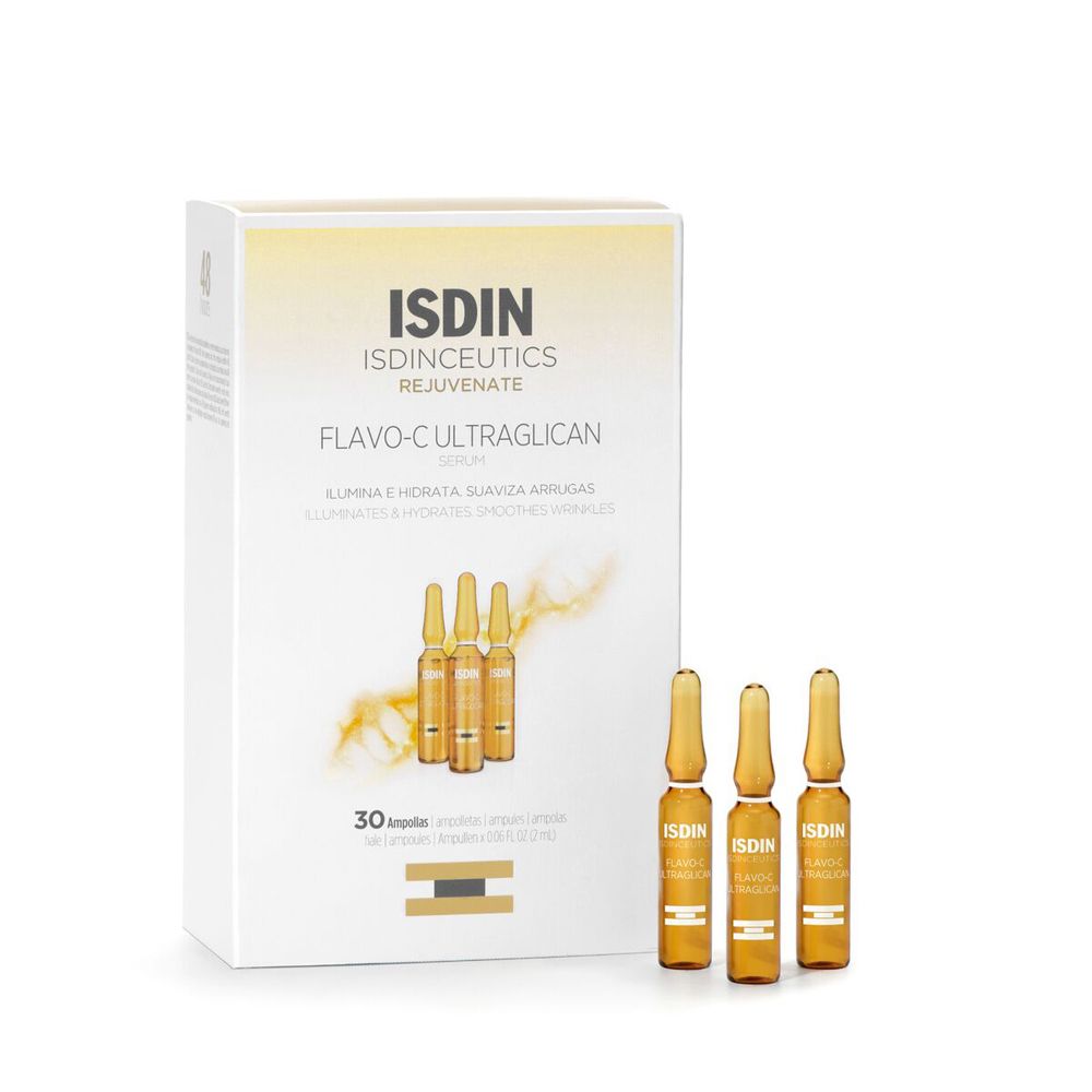 Confezione di ISDIN Isdinceutics Flavoc Ultraglican. Contiene fiale. Scritta: 30 fiale.