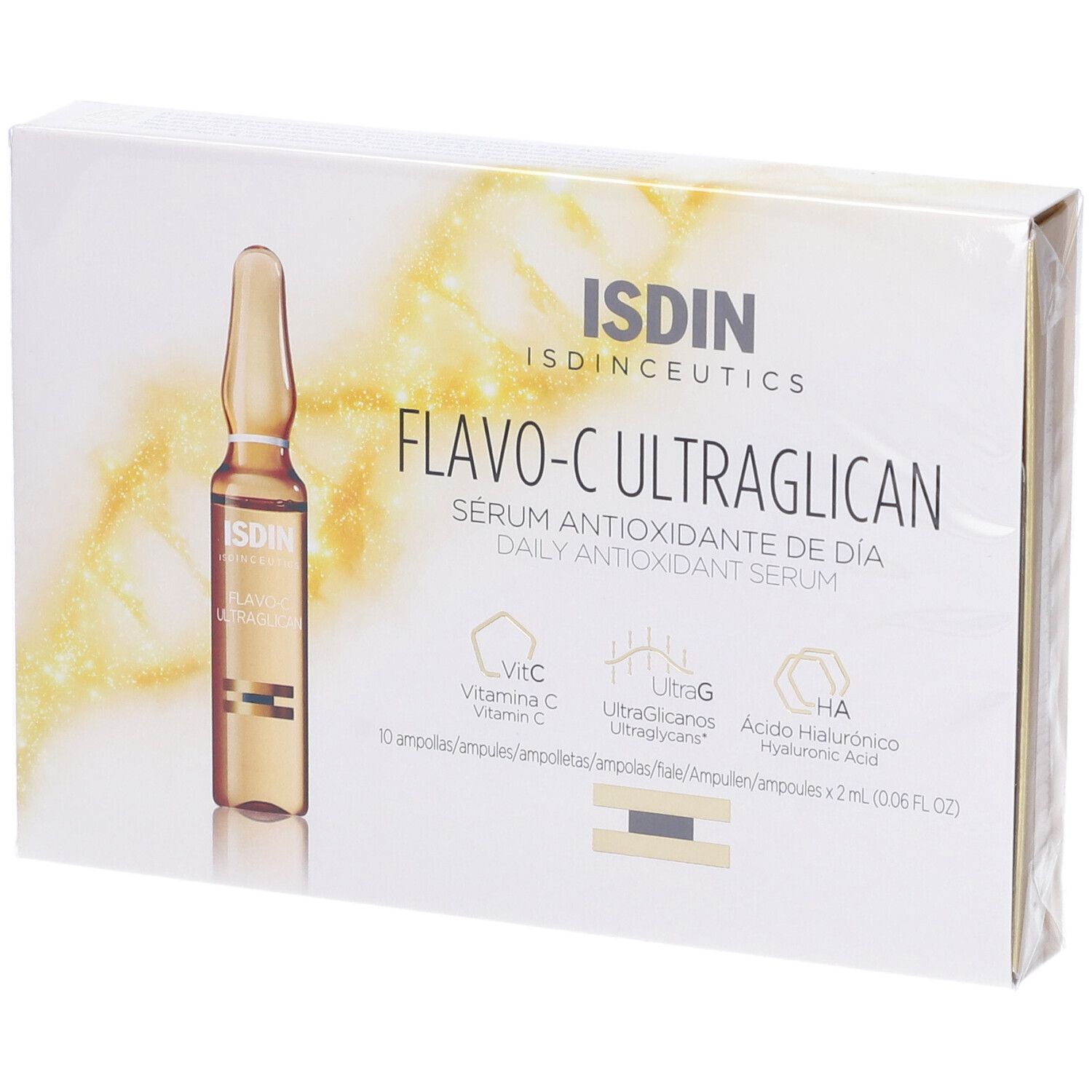 Confezione di ISDIN Isdinceutics Flavoc Ultraglican. Contiene una fiala. Scritta: 10 fiale.