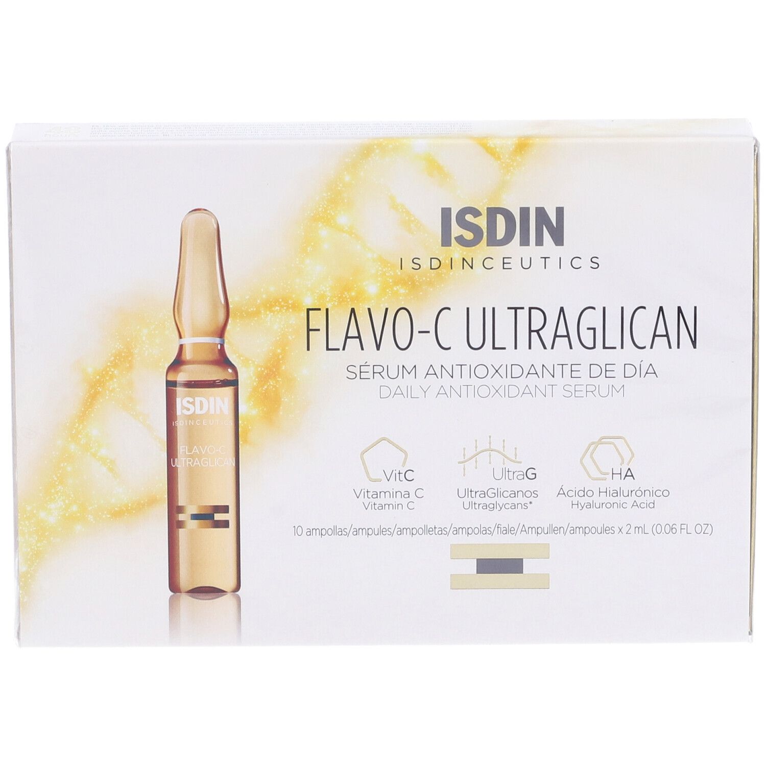 Confezione di ISDIN Isdinceutics Flavoc Ultraglican. Contiene una fiala. Scritta: 10 fiale.