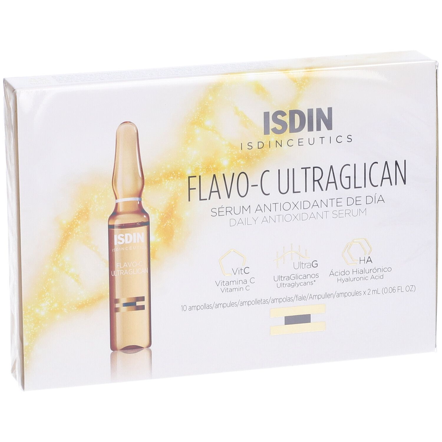 Confezione di ISDIN Isdinceutics Flavoc Ultraglican. Contiene una fiala. Scritta: 10 fiale.