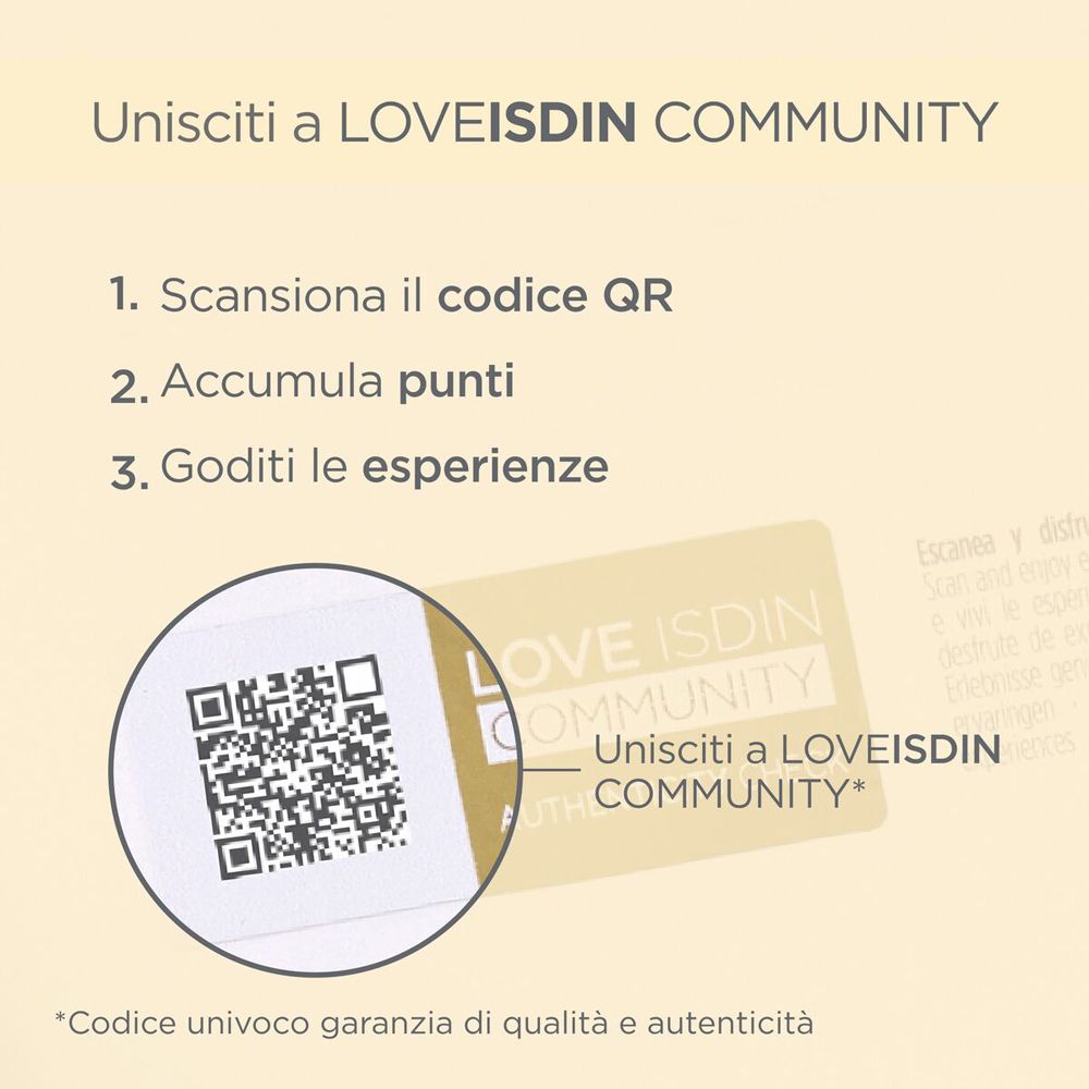 Codice QR e testo: Unisciti a LOVEISDIN COMMUNITY. Code univoco garanzia di qualità e autenticità.