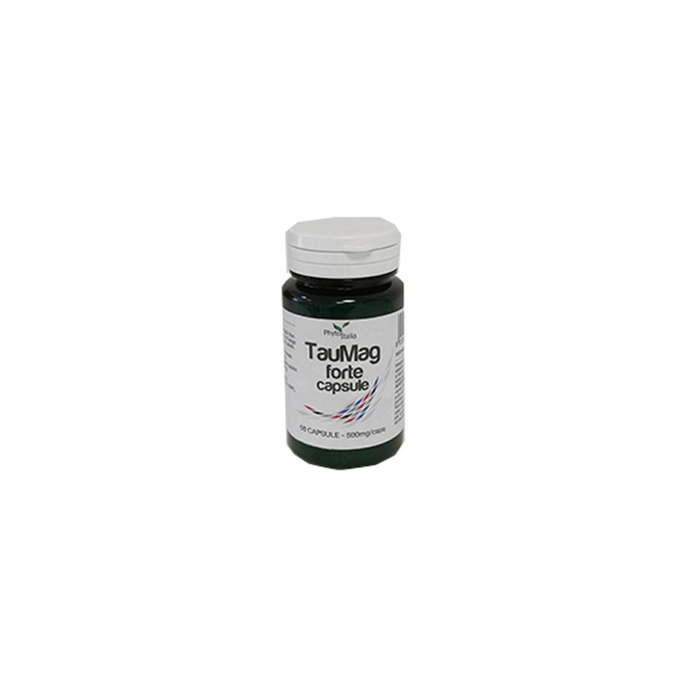 Flacone verde scuro con tappo bianco. Scritta: Taumag forte capsule.