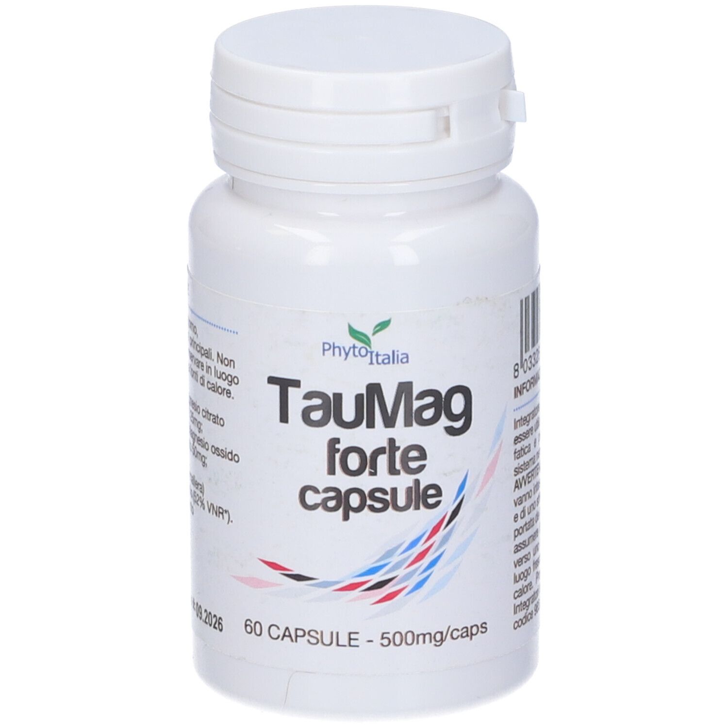 Flacone bianco con tappo a ribalta. Scritta: Taumag forte capsule, 60 capsule.