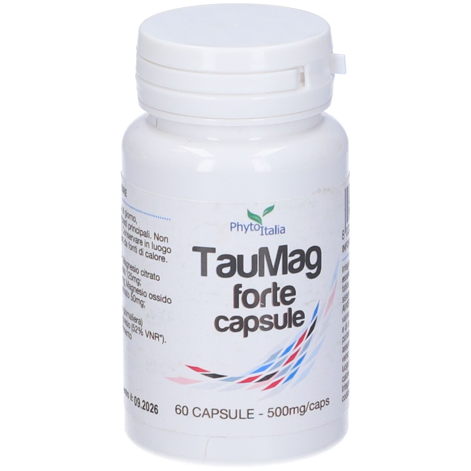 Flacone bianco con tappo a ribalta. Scritta: Taumag forte capsule, 60 capsule.