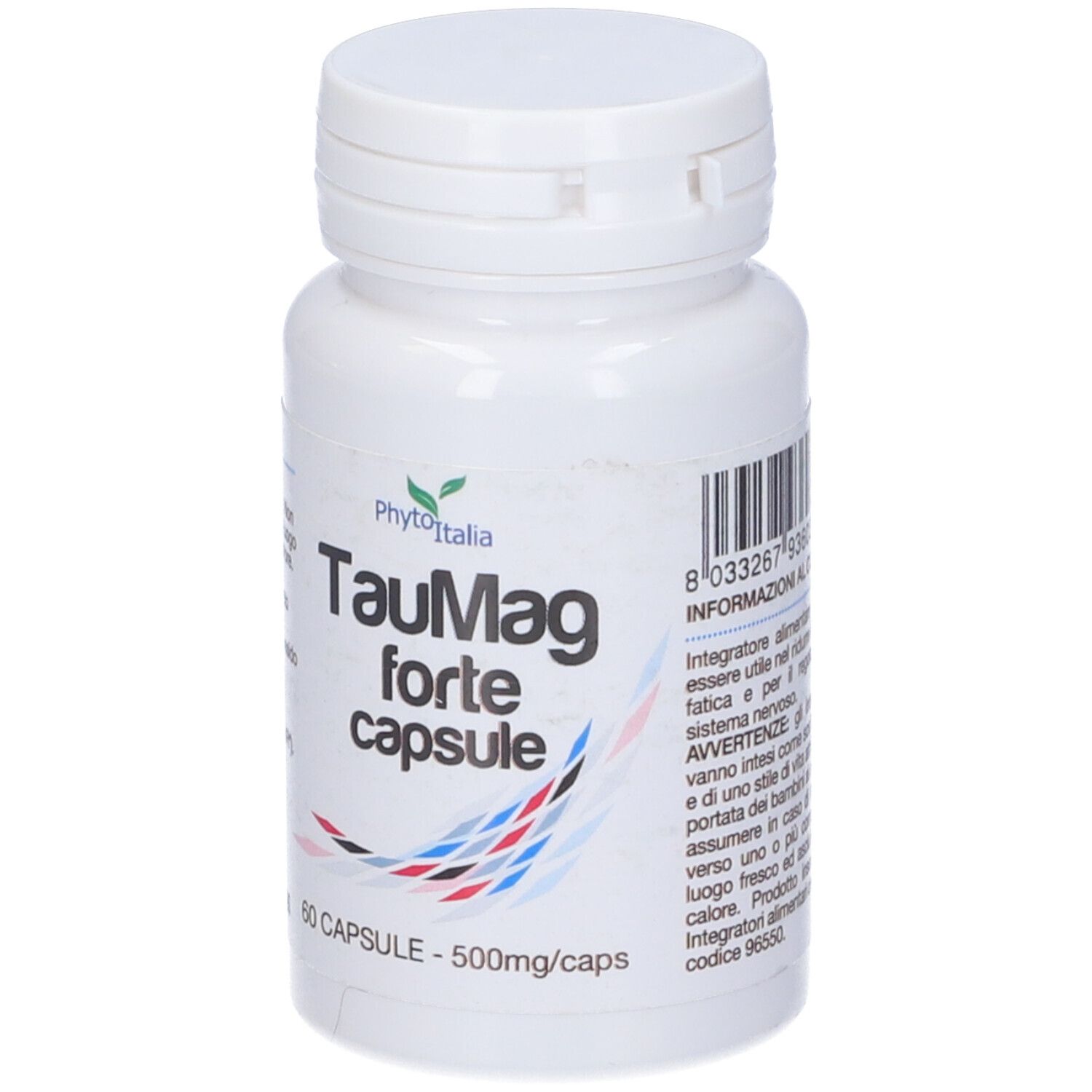 Flacone bianco con tappo a ribalta. Scritta: Taumag forte capsule, 60 capsule.