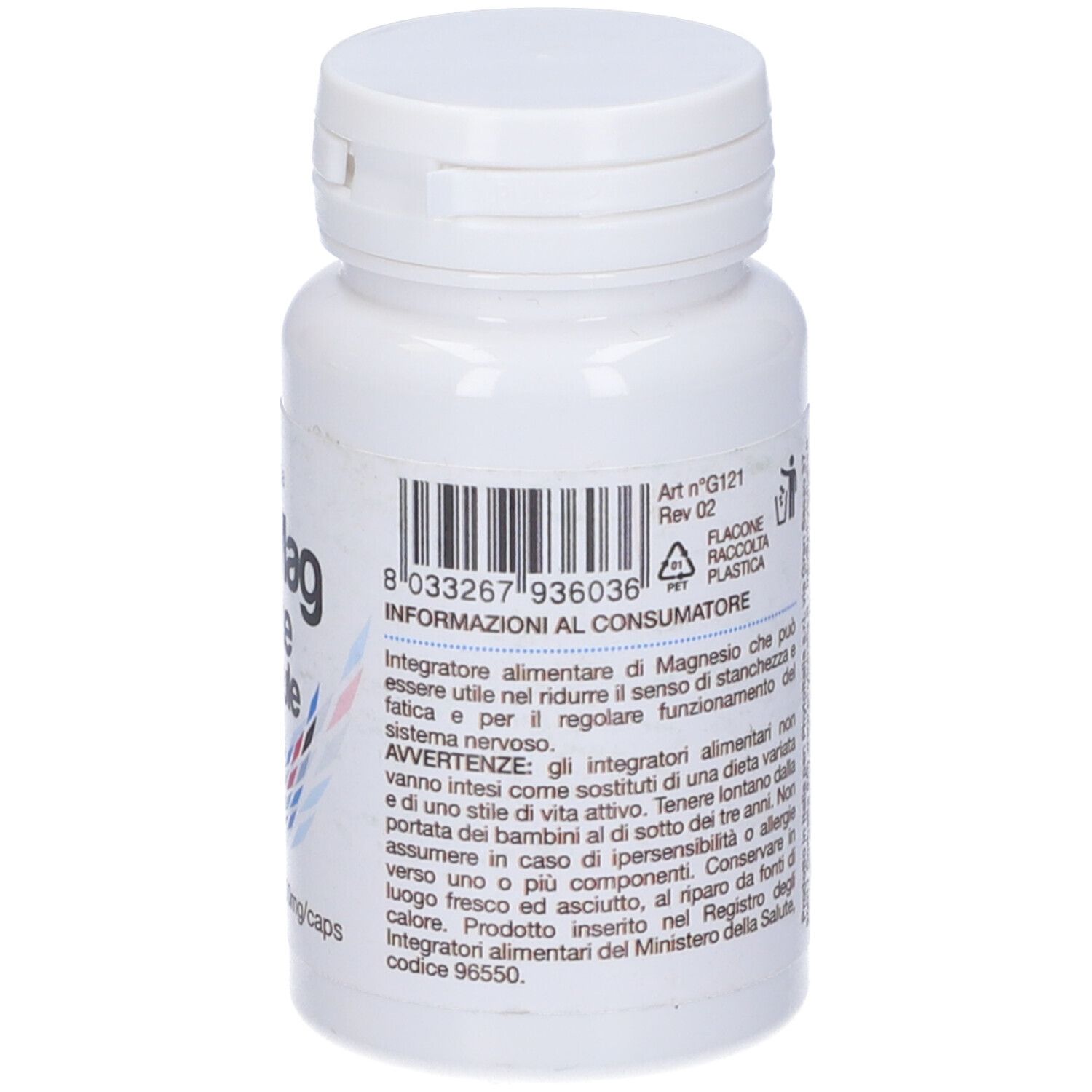 Flacone bianco con tappo a ribalta. Retro con testo e codice a barre.