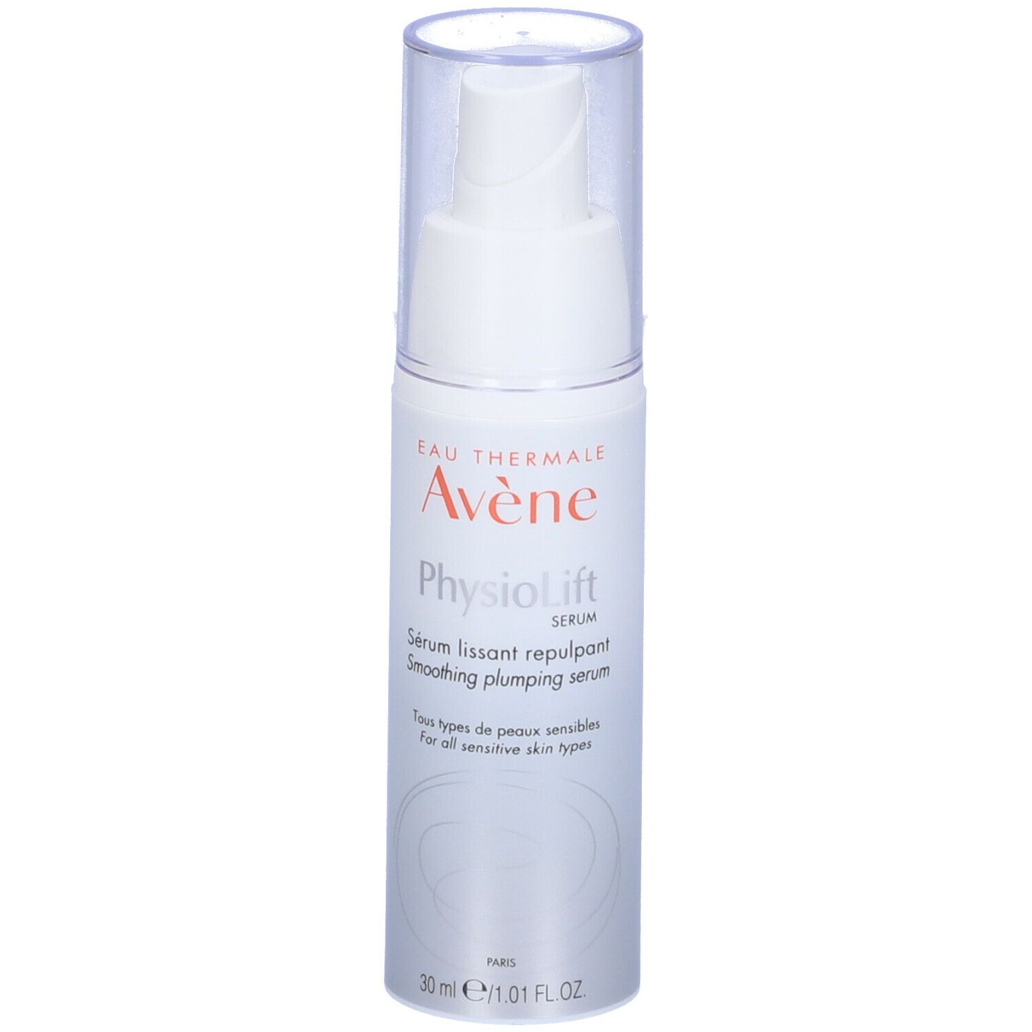 Flacon blanc avec pompe. Inscription: Avène PhysioLift Serum. Pour peaux sensibles.