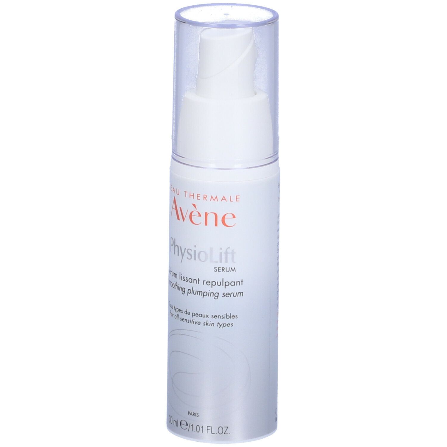 Flacon blanc avec pompe. Inscription: Avène PhysioLift Serum. Pour peaux sensibles.