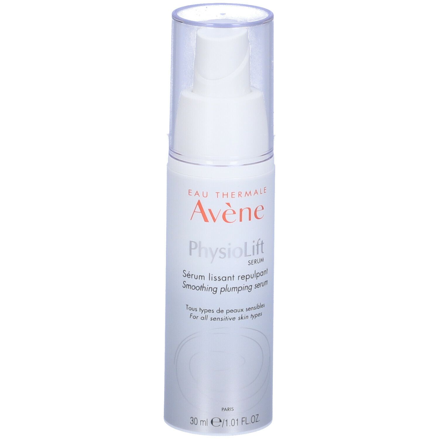 Flacon blanc avec pompe. Inscription: Avène PhysioLift Serum. Pour peaux sensibles.