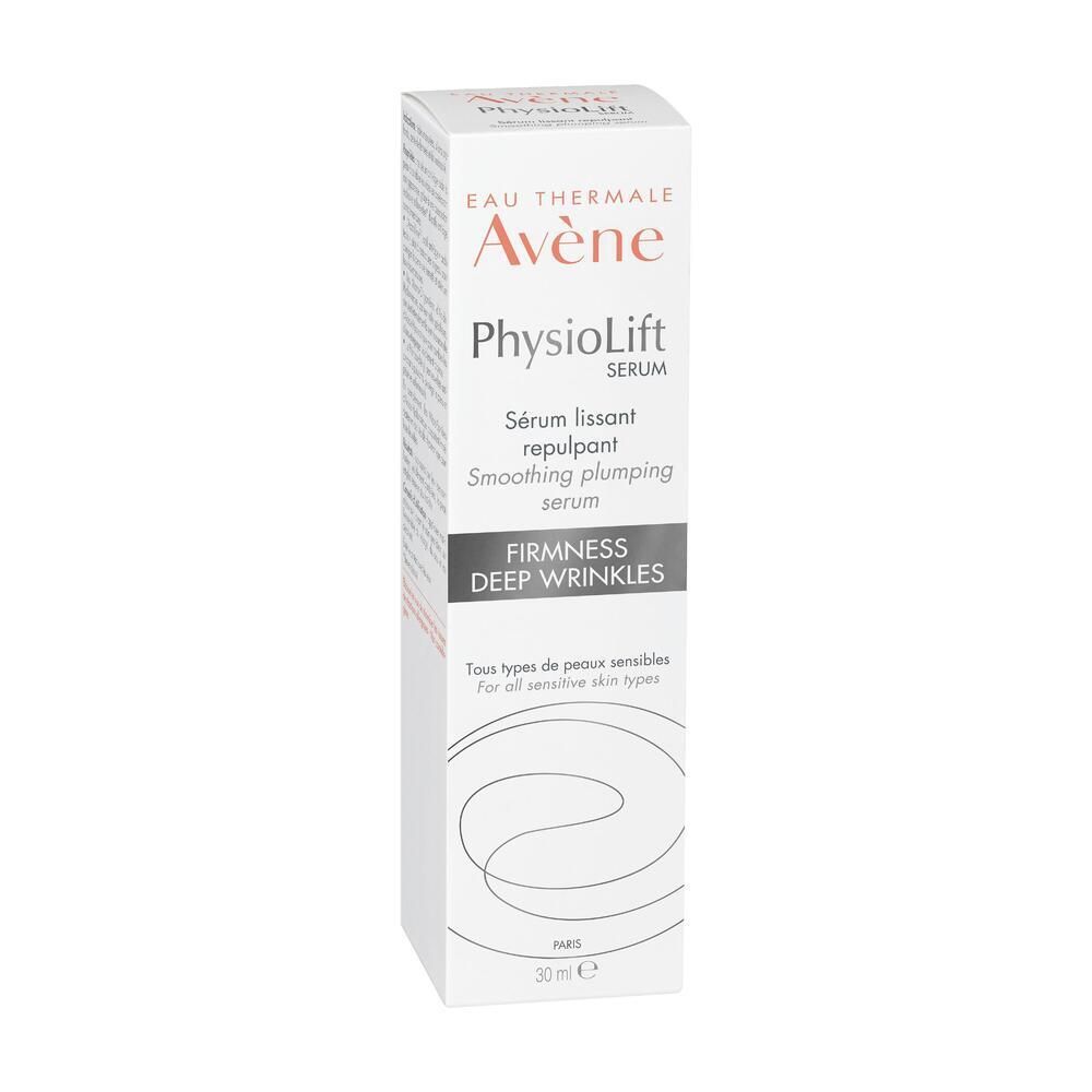 Emballage blanc avec informations produit. Inscription: Avène PhysioLift Serum. Peaux sensibles.