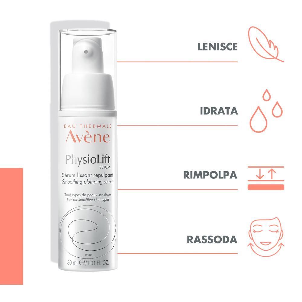 Flacon avec illustrations. Inscription: Avène PhysioLift Serum. Effets: lissant, repulpant.