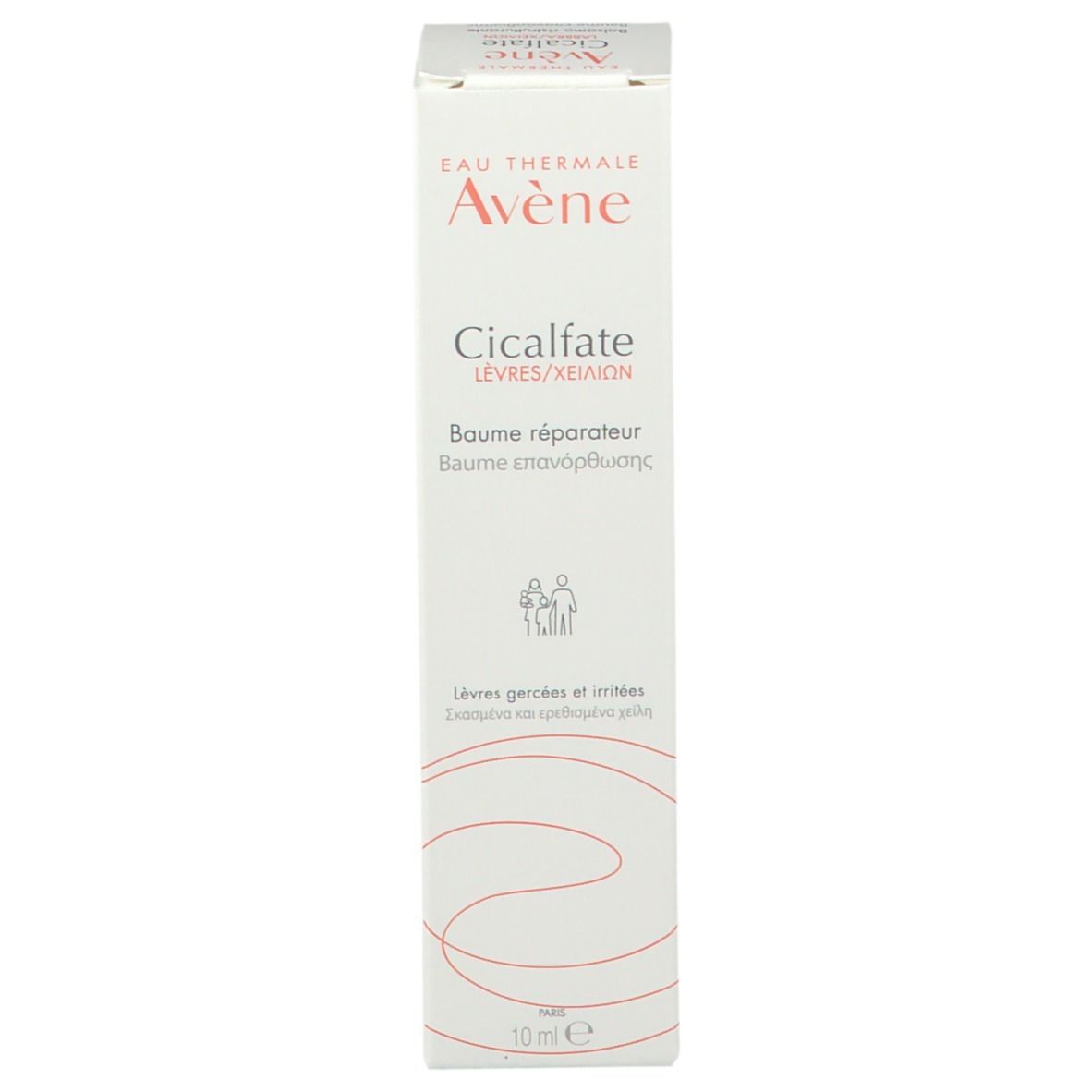 Confezione del prodotto. Contiene balsamo labbra Avène Cicalfate. Scatola bianca con scritte rosse.