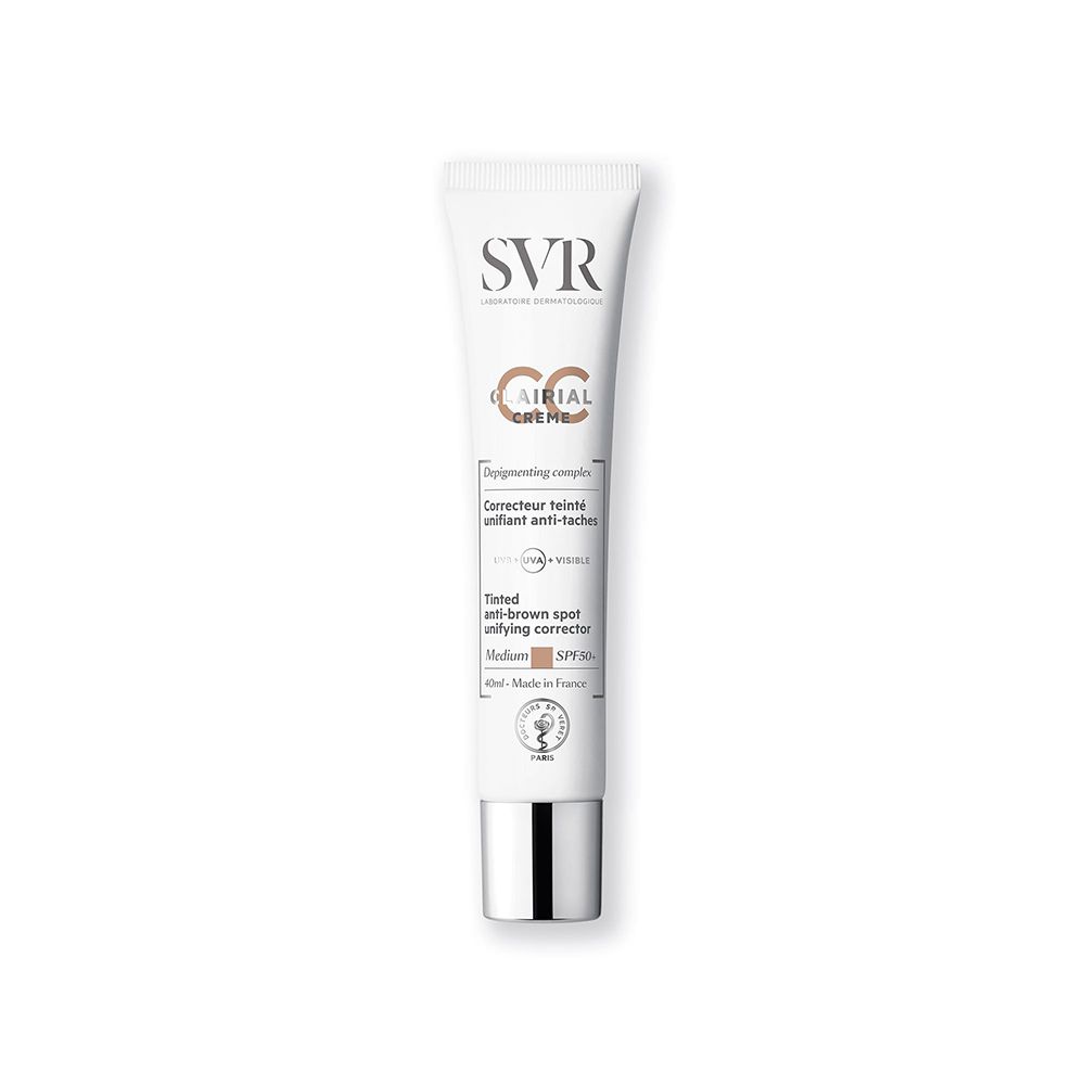 Tubo bianco con tappo argentato. Scritta: SVR, Clairial CC Crème, Medium, SPF50+.