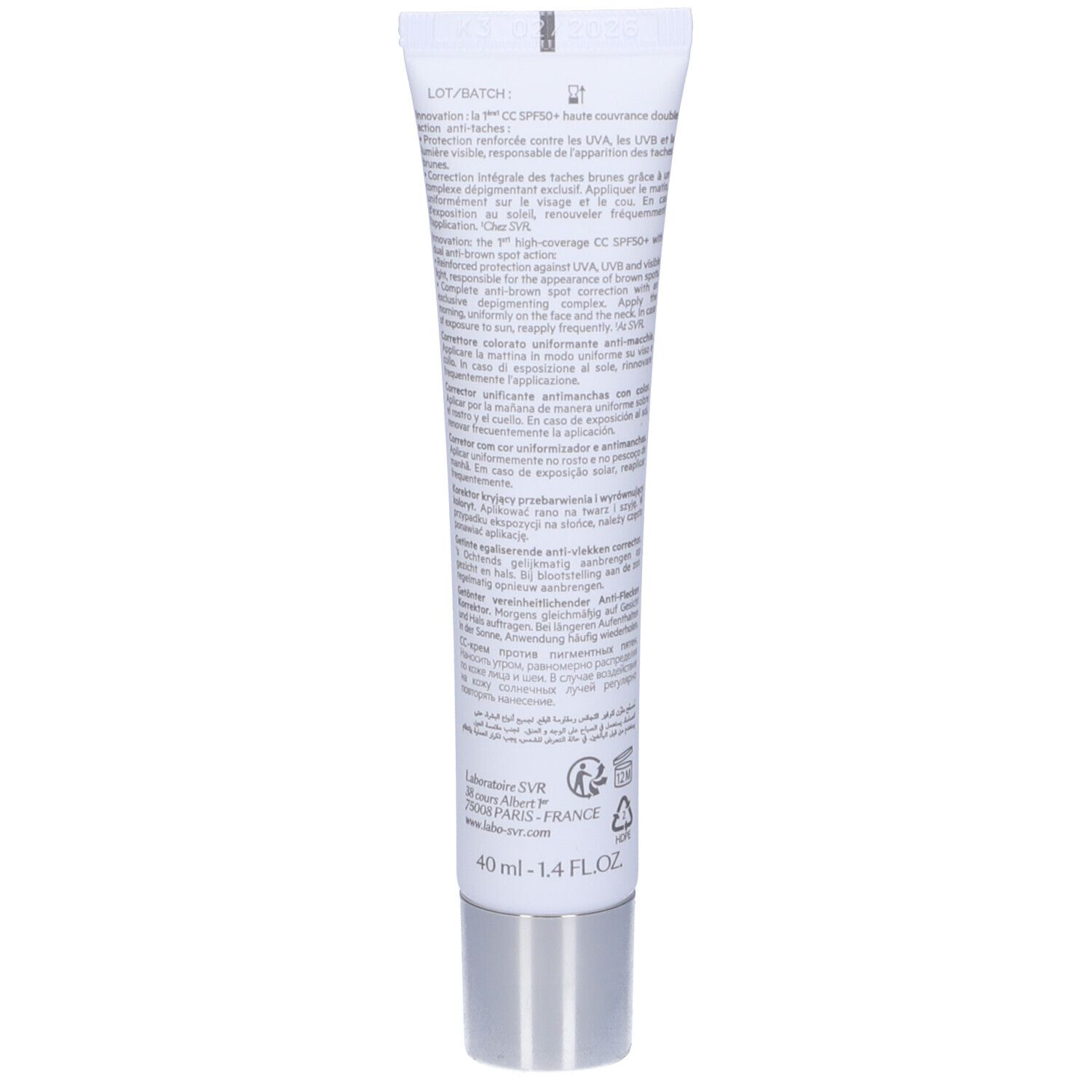 Retro di un tubo bianco. Testo multilingue. Scritta: 40 ml - 1.4 FL.OZ.