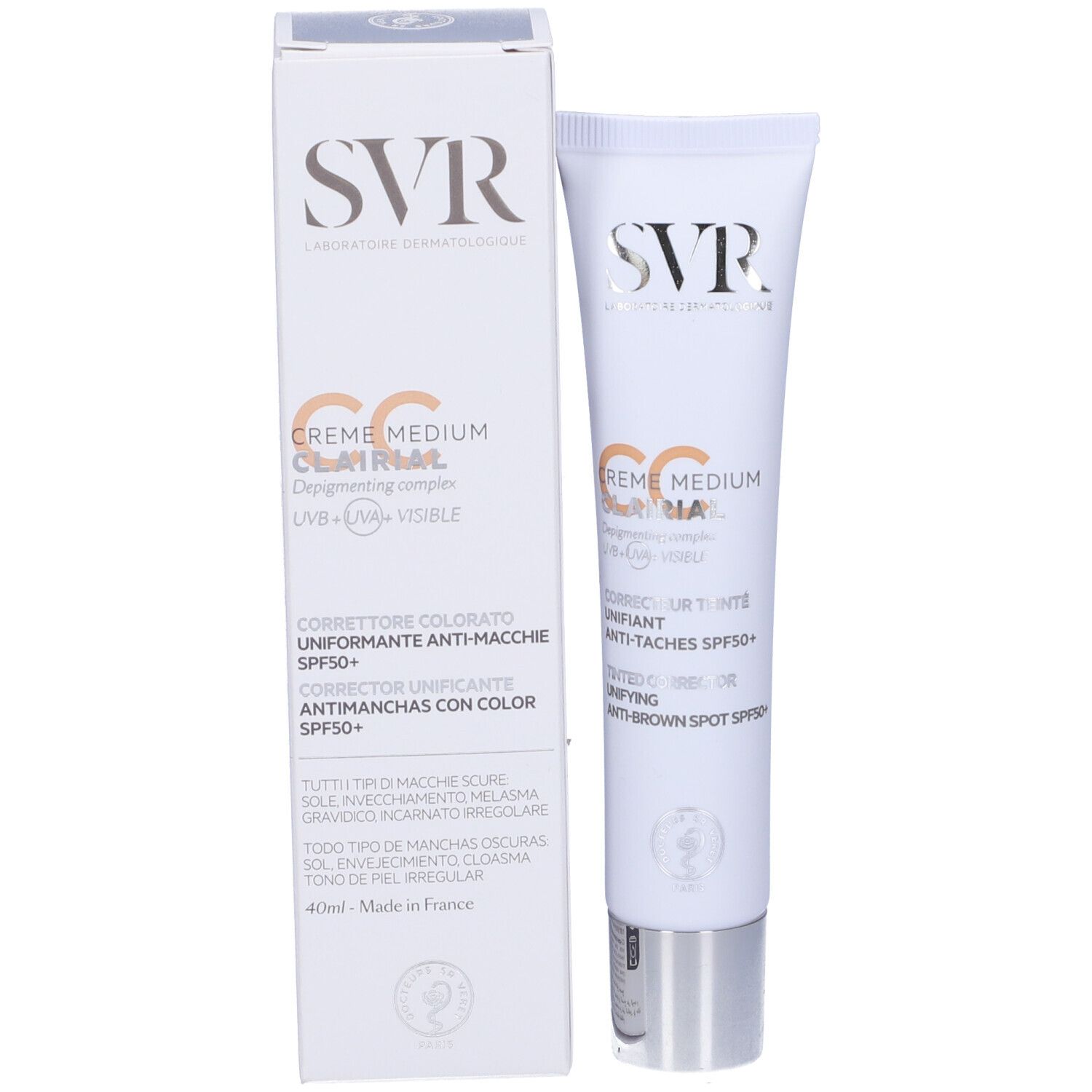 Confezione del prodotto con tubo. Scritta: SVR, Clairial CC Crème, Medium, SPF50+. 40ml.