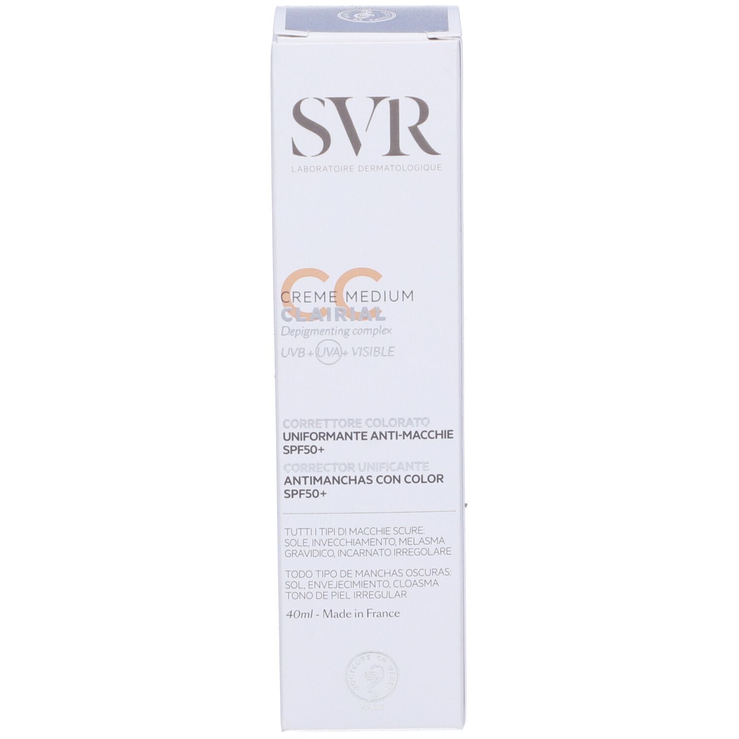 Confezione del prodotto. Scritta: SVR, Clairial CC Crème, Medium, SPF50+. 40ml.