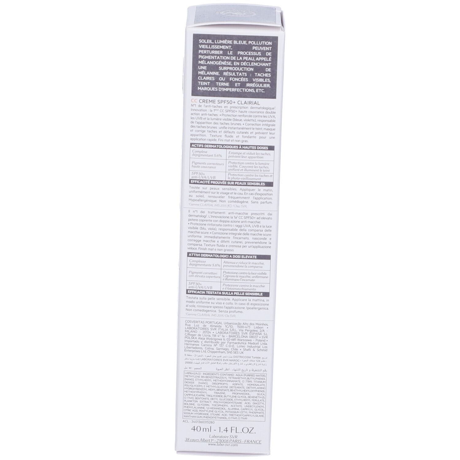 Retro della confezione. Testo multilingue. Scritta: 40 ml - 1.4 FL.OZ.