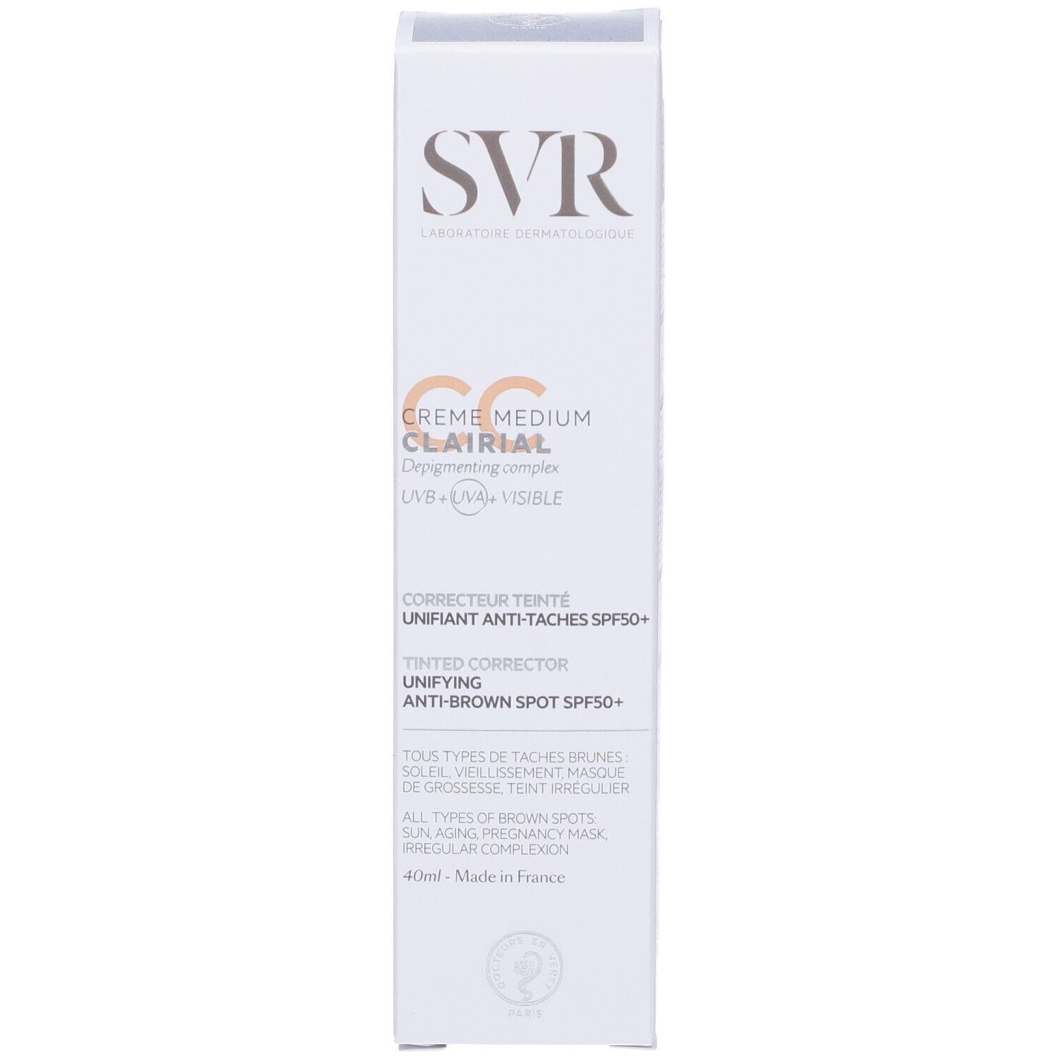 Confezione del prodotto. Scritta: SVR, Clairial CC Crème, Medium, SPF50+. 40ml.