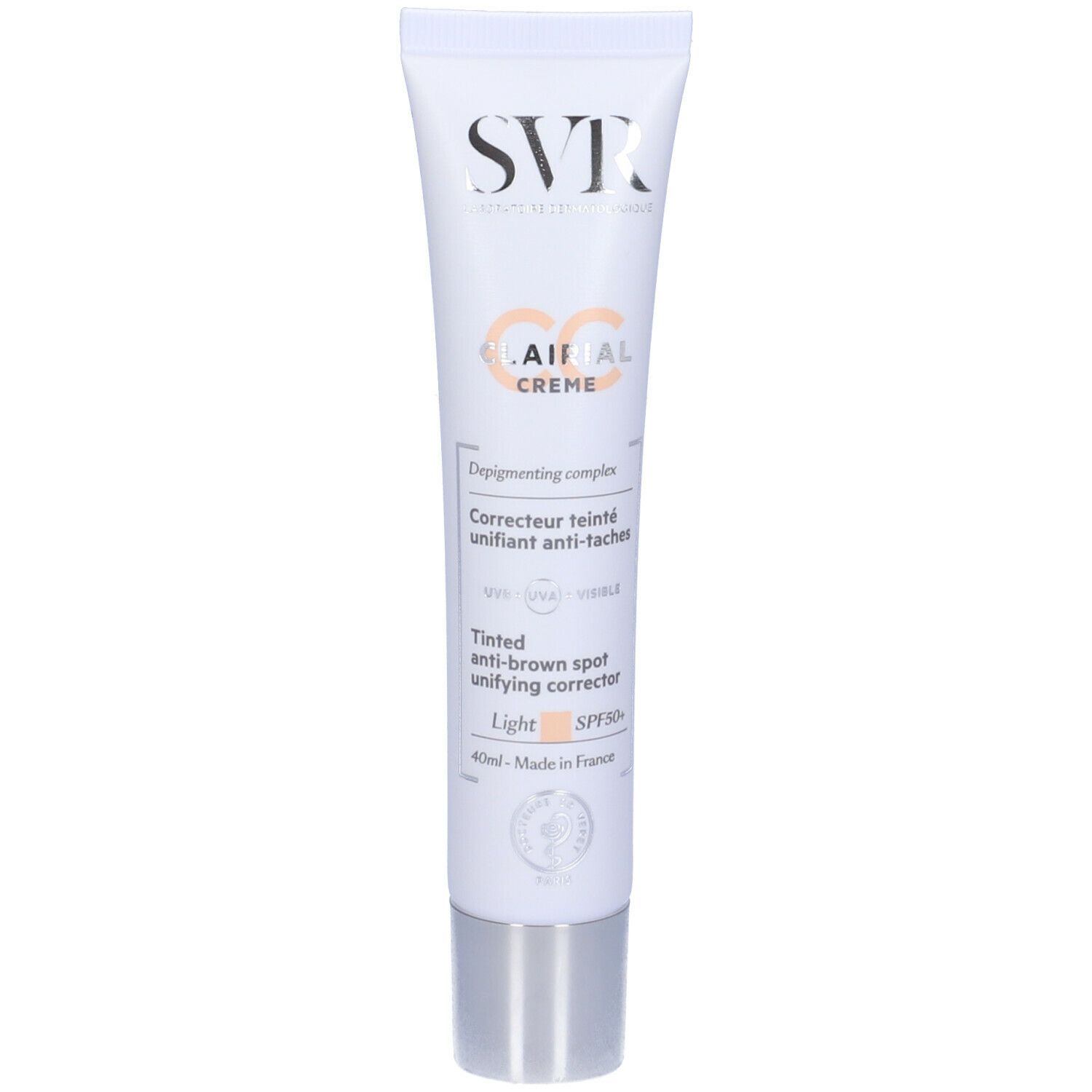 Tubo crema con tappo argentato. Scritta: SVR, Clairial Crème, correttore anti-macchie colorato, Light SPF50+.