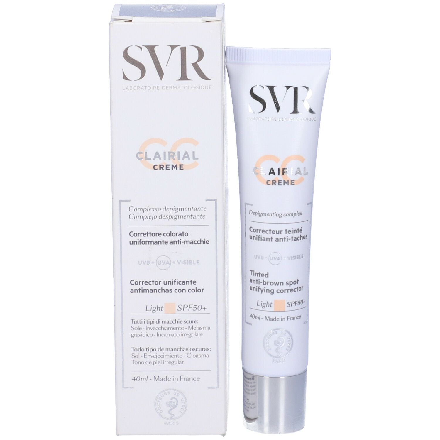 Confezione del prodotto con tubo. Scritta: SVR, Clairial Crème, correttore anti-macchie colorato, Light SPF50+.
