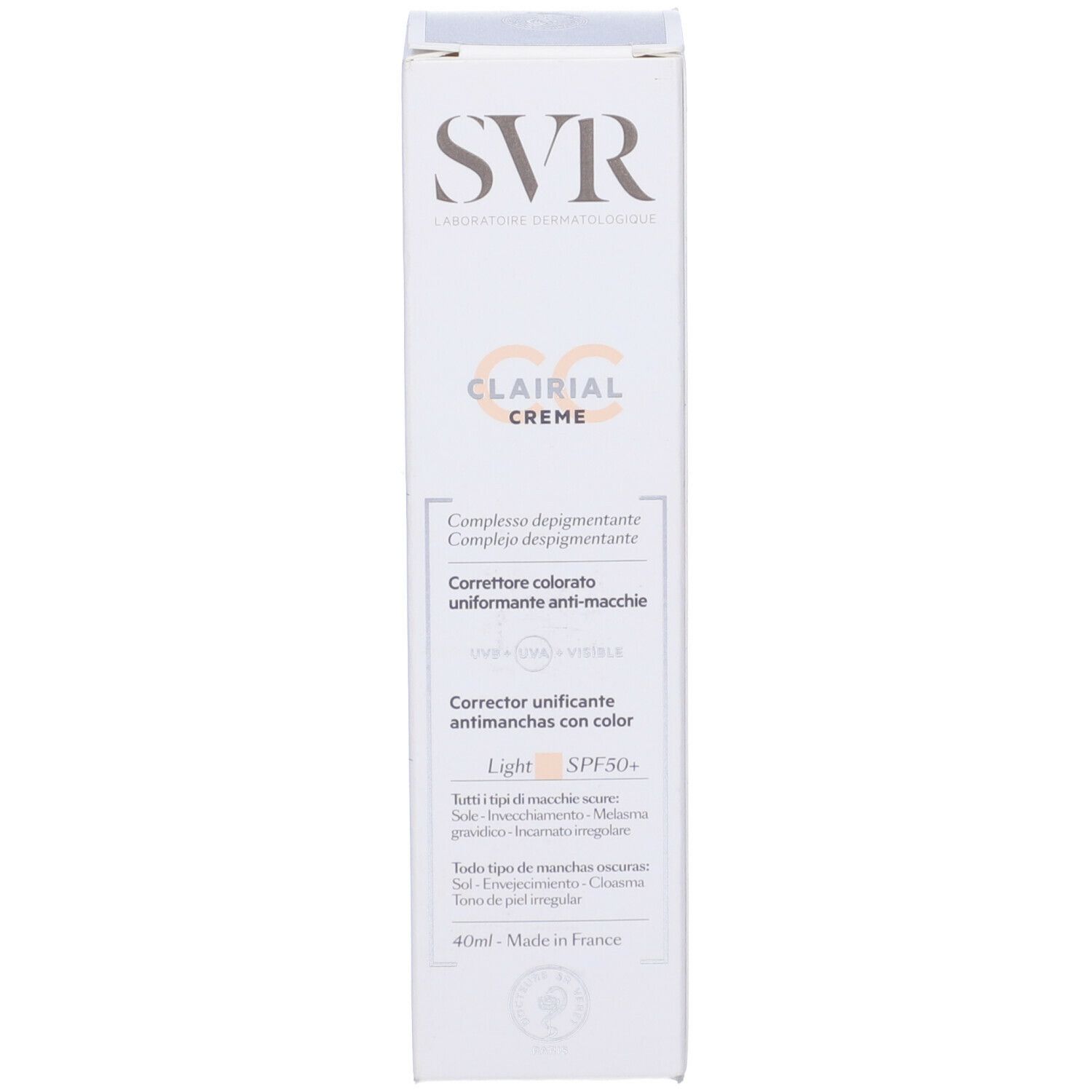 Confezione del prodotto. Scritta: SVR, Clairial Crème, correttore anti-macchie colorato, Light SPF50+.
