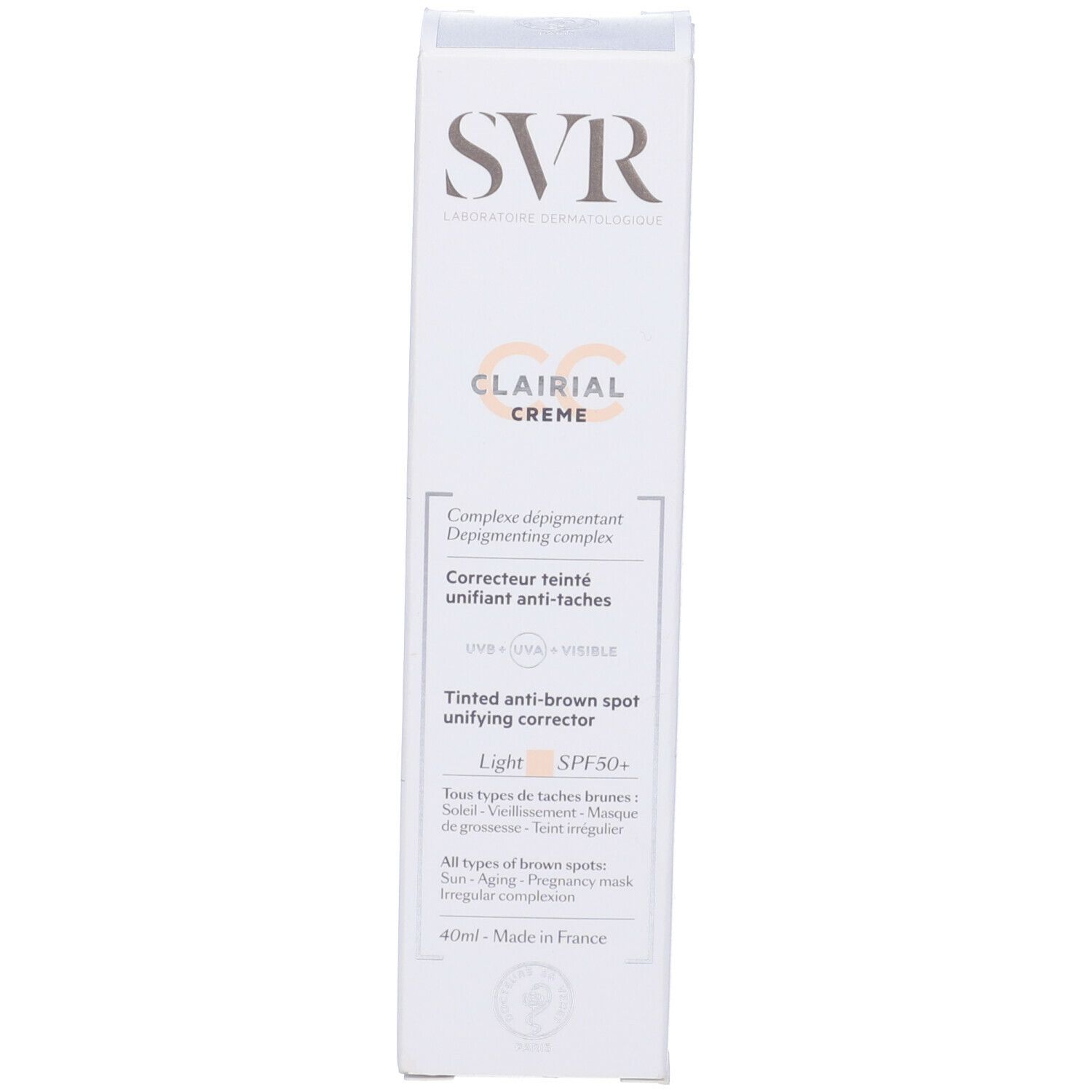 Confezione del prodotto. Scritta: SVR, Clairial Crème, correttore anti-macchie colorato, Light SPF50+.