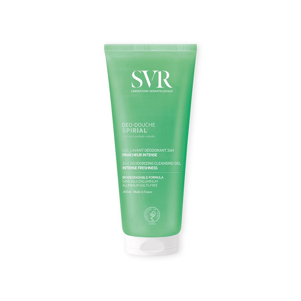 Tubo verde con tappo bianco. Scritta: SVR, Deo-Douche Spirial, freschezza 24h. Nome del prodotto e marchio visibili.