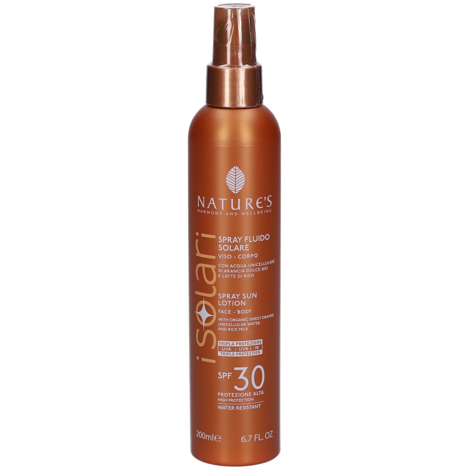 Flacone spray marrone con scritta iSolari, SPF 30. Contiene 200ml. Testina spray e flacone marroni.
