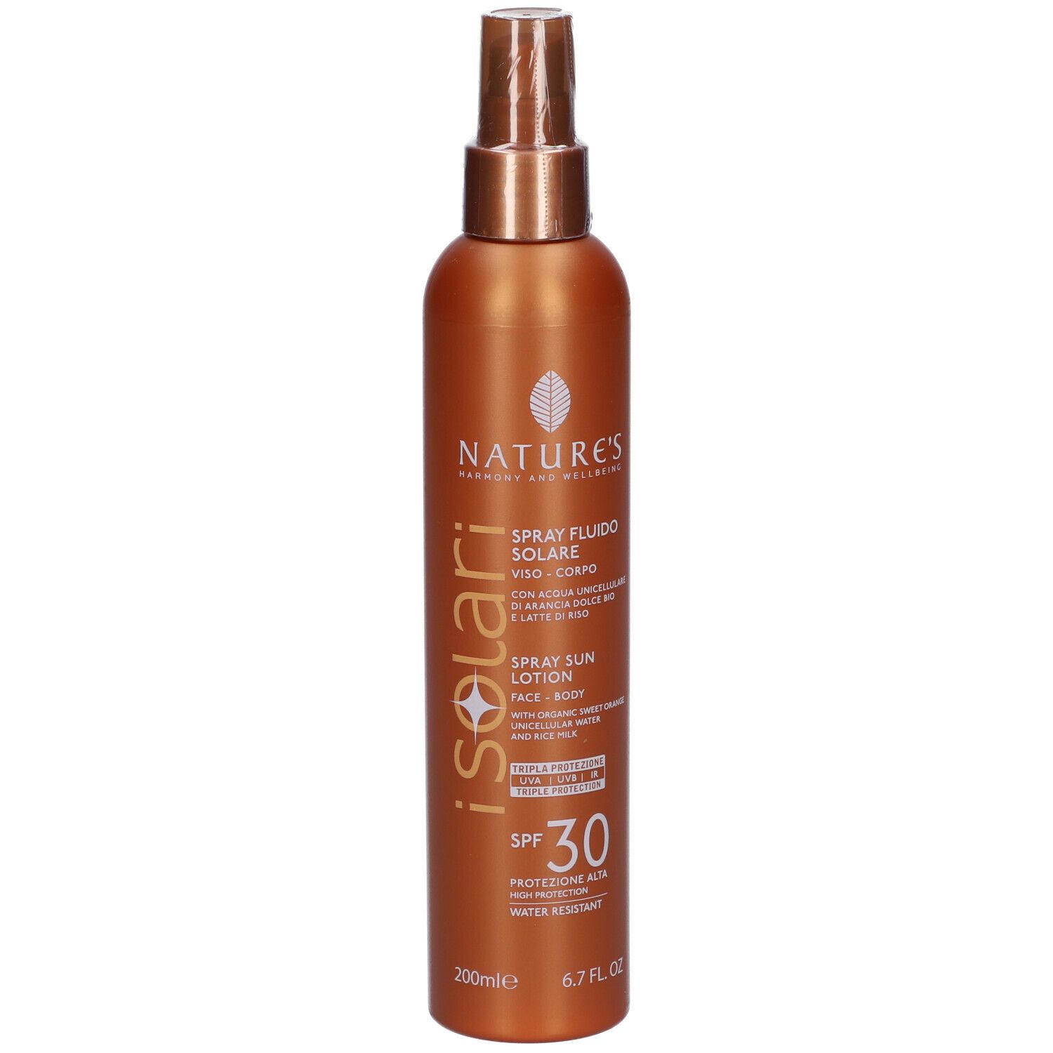 Flacone spray marrone con scritta iSolari, SPF 30. Contiene 200ml. Testina spray e flacone marroni.