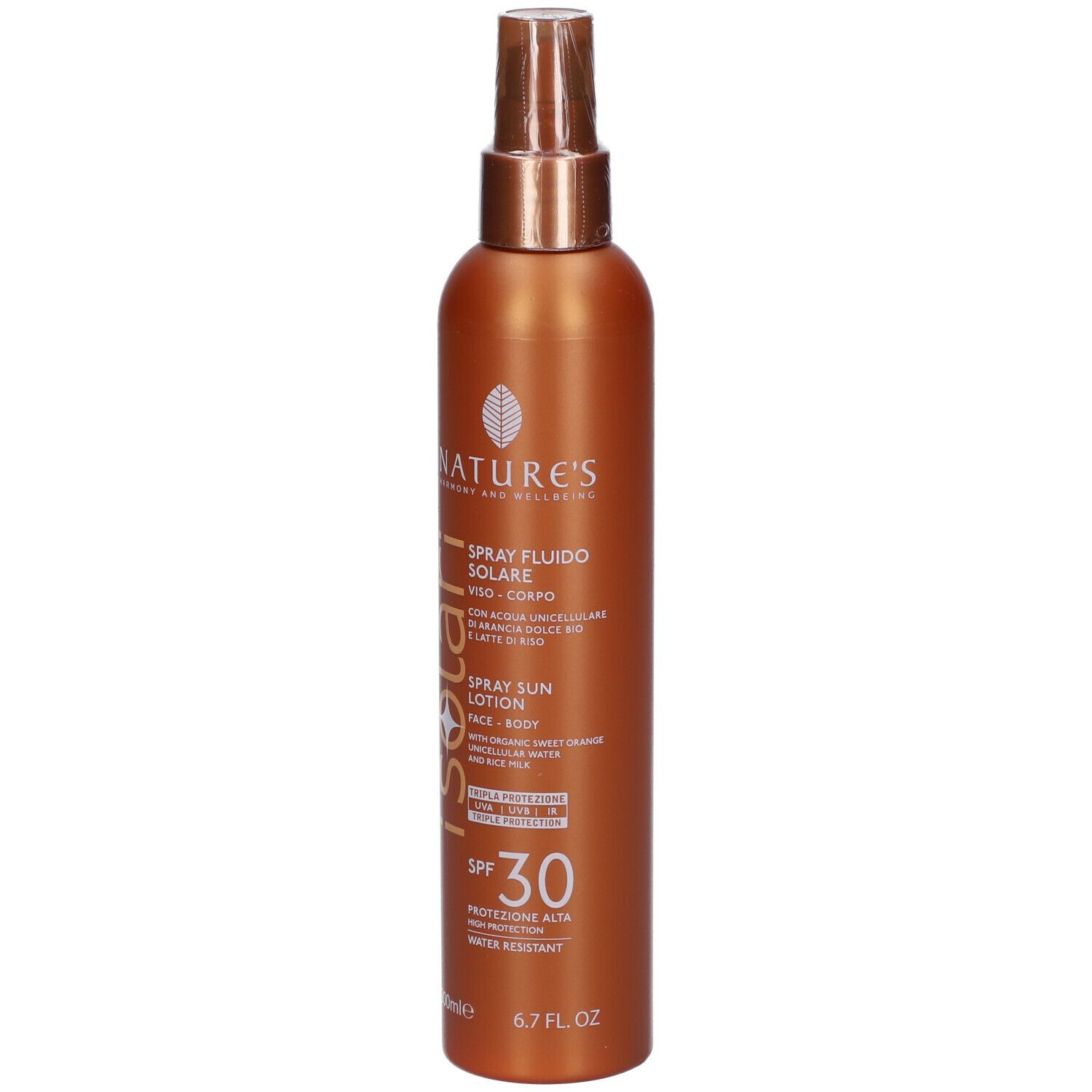 Flacone spray marrone con scritta iSolari, SPF 30. Contiene 200ml. Testina spray e flacone marroni.