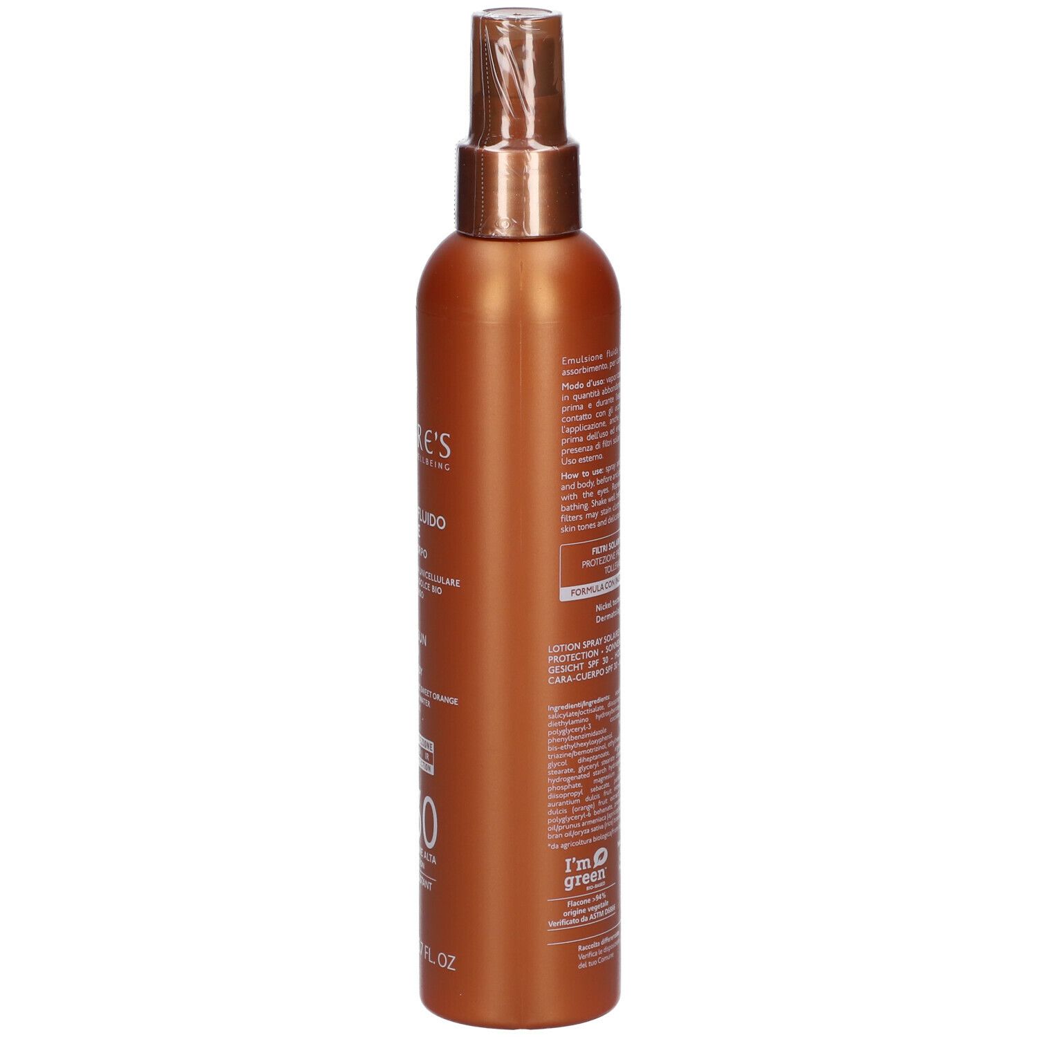 Retro del flacone spray marrone. Informazioni testuali e loghi visibili. Contiene iSolari, 200ml.