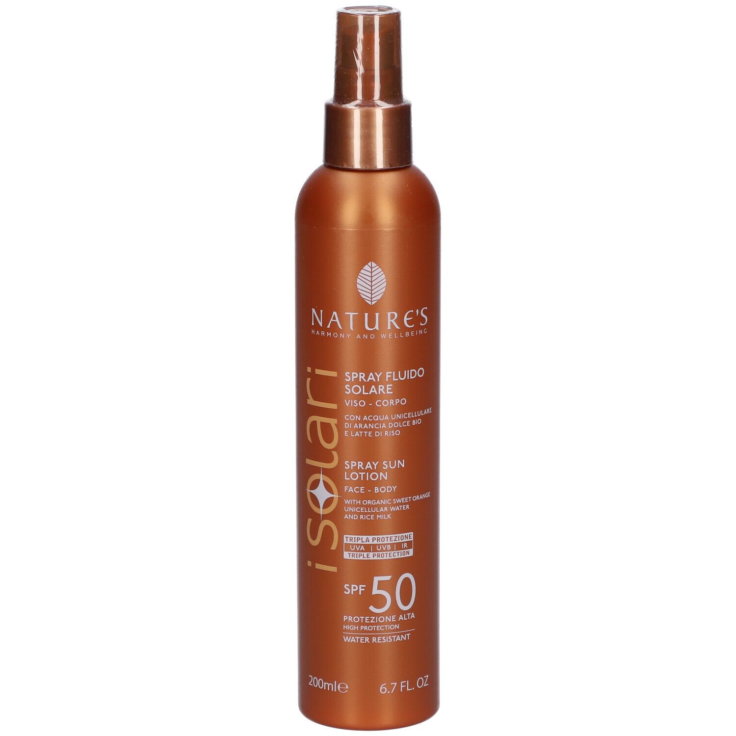 Flacone spray marrone iSolari SPF 50. Per viso e corpo.