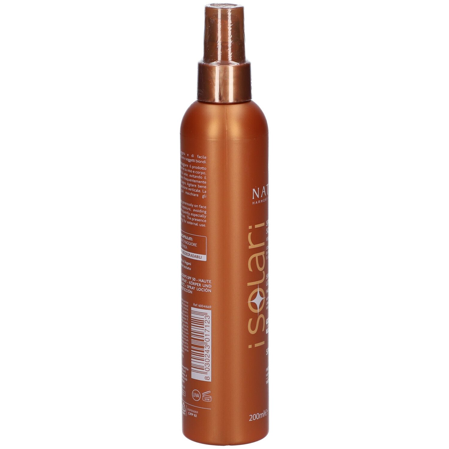 Flacone spray marrone. Informazioni prodotto sul retro.