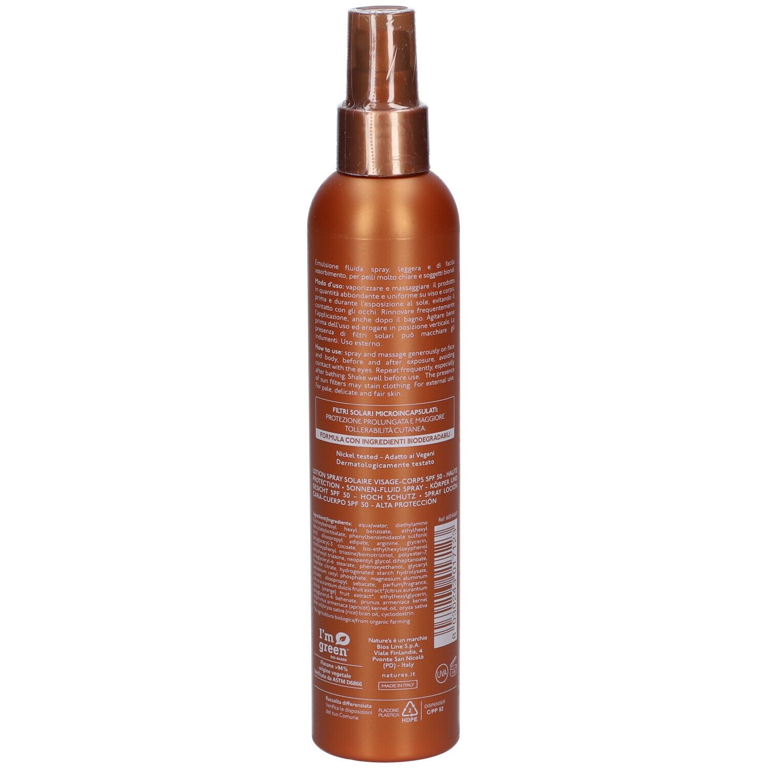 Flacone spray marrone. Informazioni prodotto sul retro.