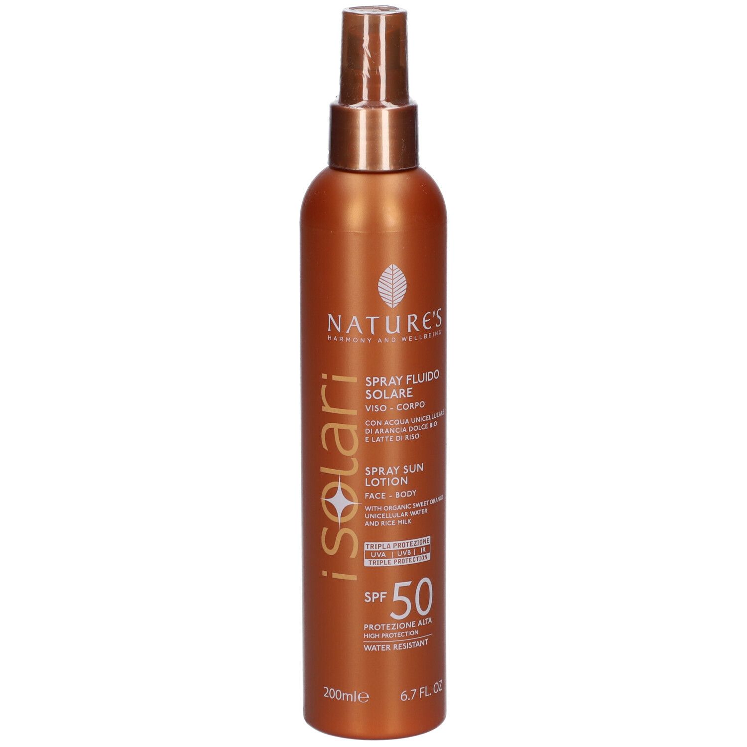 Flacone spray marrone iSolari SPF 50. Per viso e corpo.
