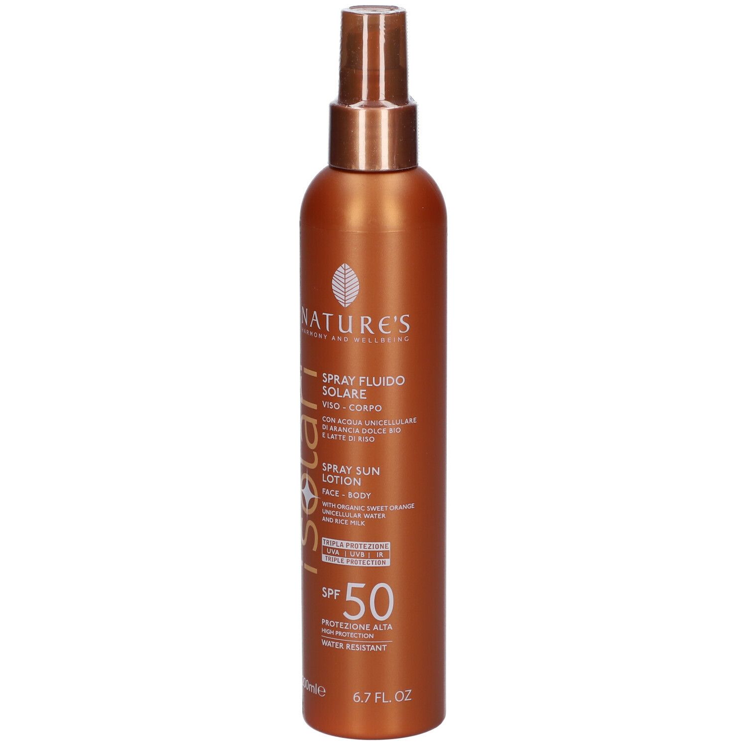 Flacone spray marrone iSolari SPF 50. Per viso e corpo.
