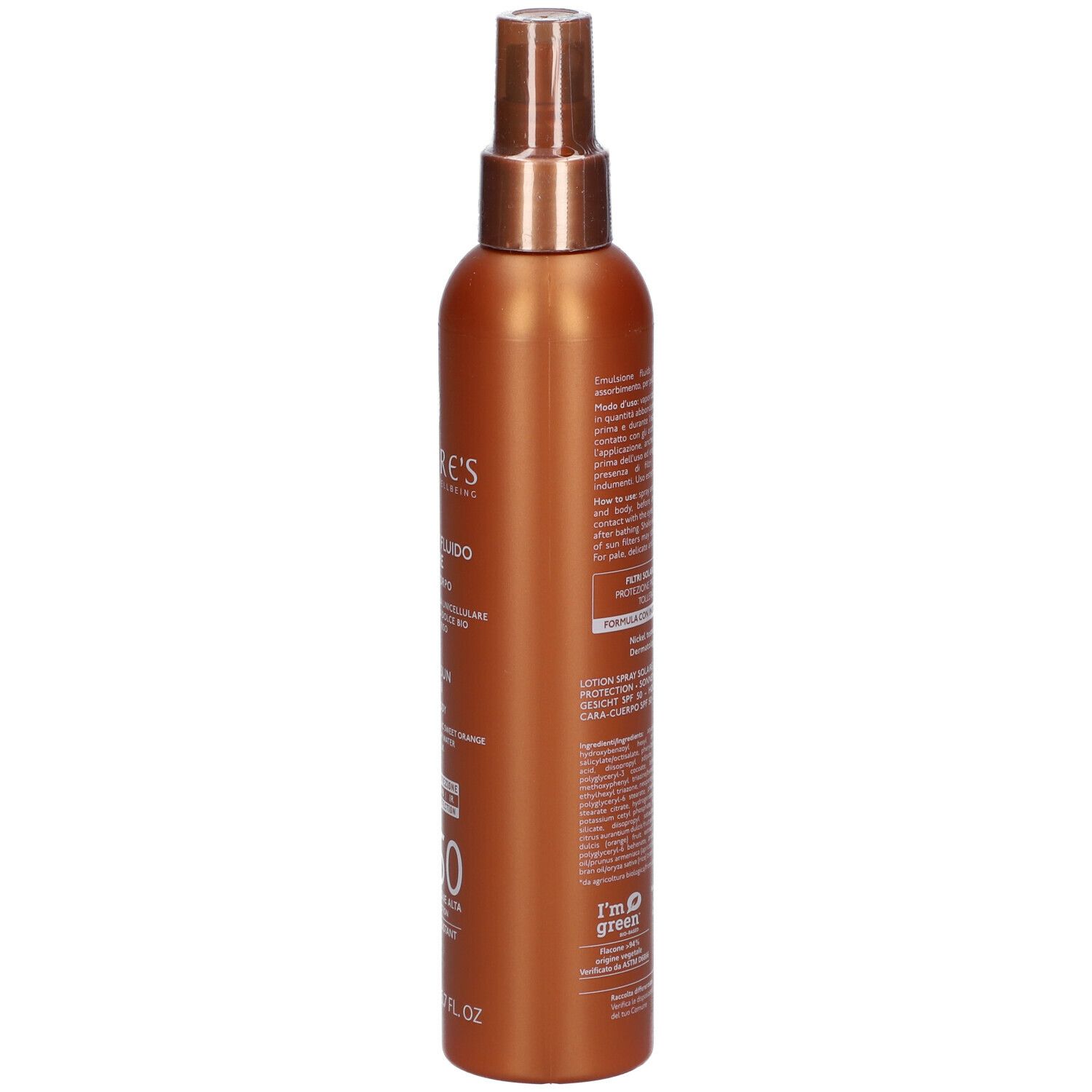 Flacone spray marrone. Informazioni prodotto sul retro.