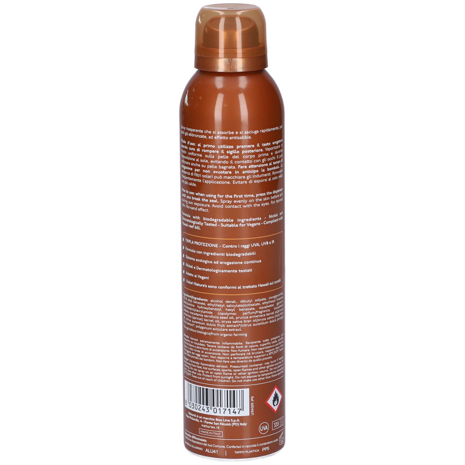 Braune Sprühflasche, Rückseite. Textabschnitte auf Italienisch. Aufschrift: iSolari, 200ml, 6.7 fl. oz.