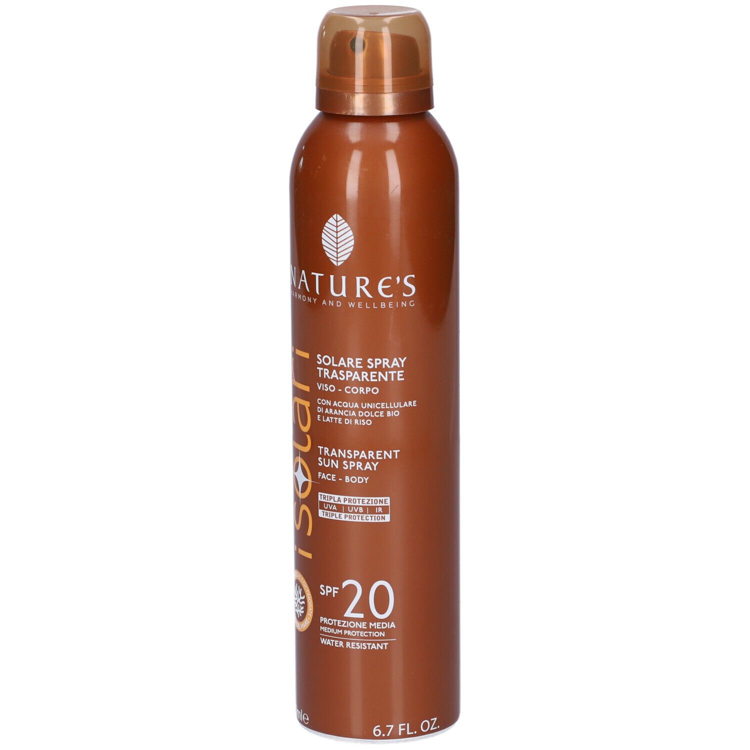 Braune Sprühflasche mit goldfarbenem Deckel. Aufschrift: iSolari, Transparent Sun Spray SPF 20. Wasserfest.