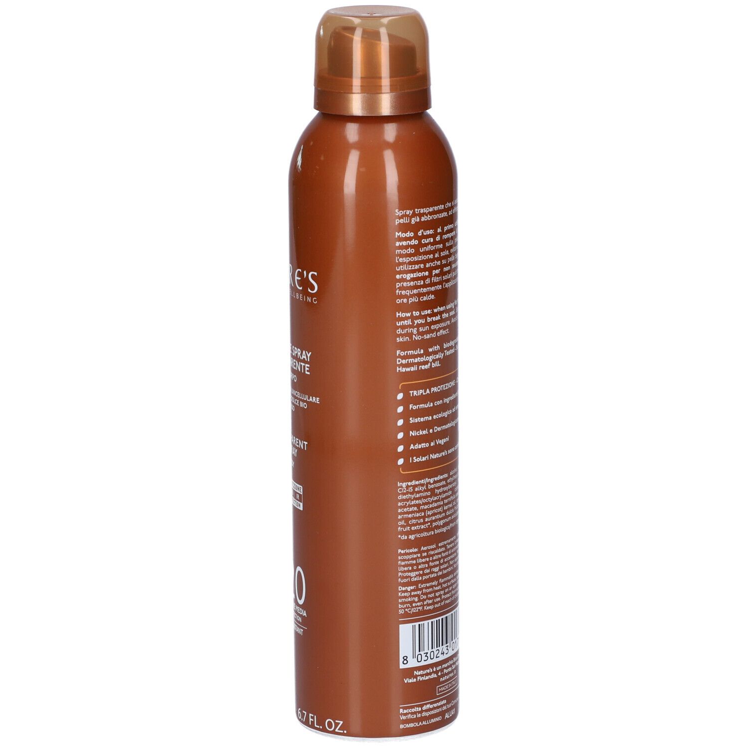 Braune Sprühflasche, Seitenansicht. Textabschnitte auf Italienisch. Aufschrift: iSolari, 200ml, 6.7 fl. oz.