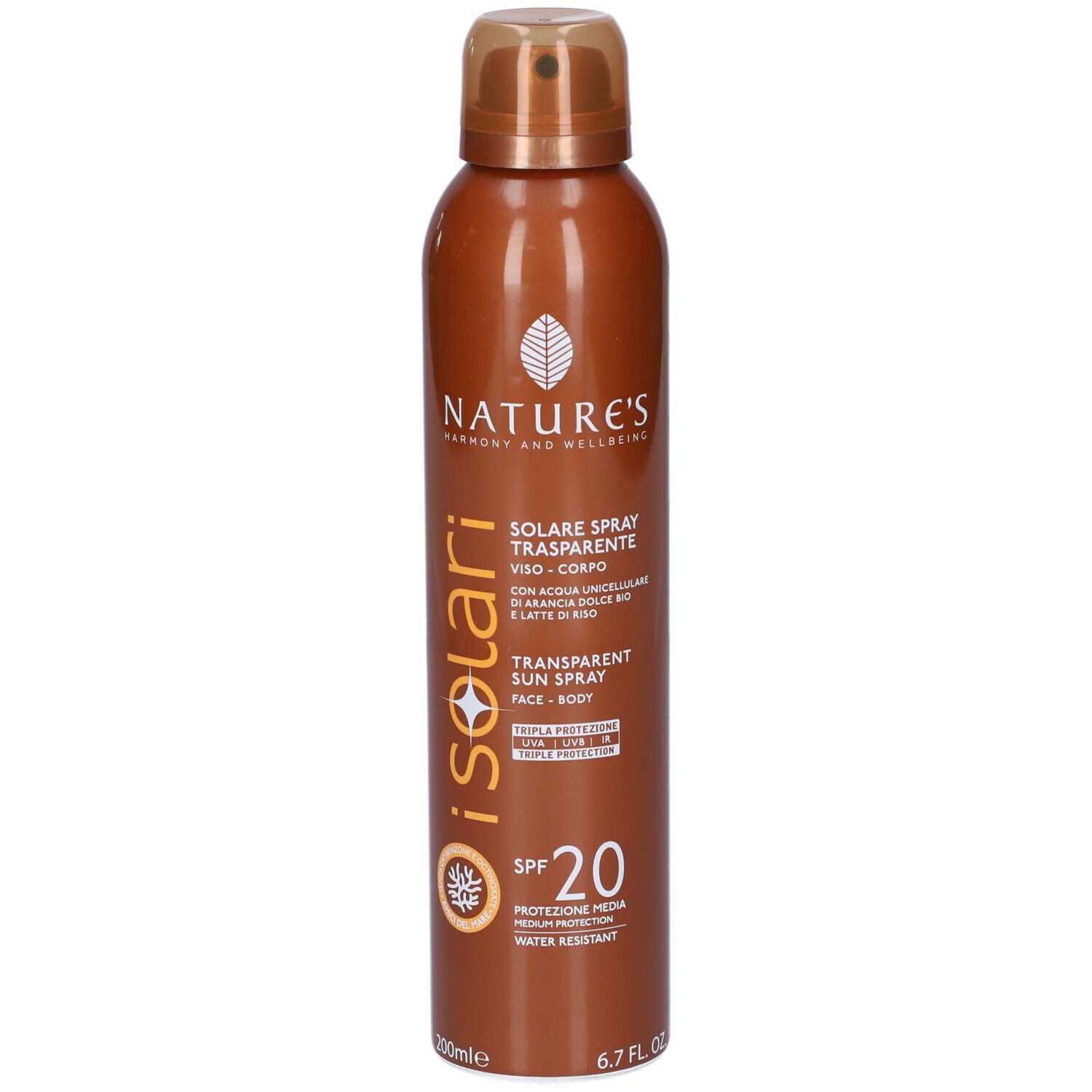 Braune Sprühflasche mit goldfarbenem Deckel. Aufschrift: iSolari, Transparent Sun Spray SPF 20. Wasserfest.
