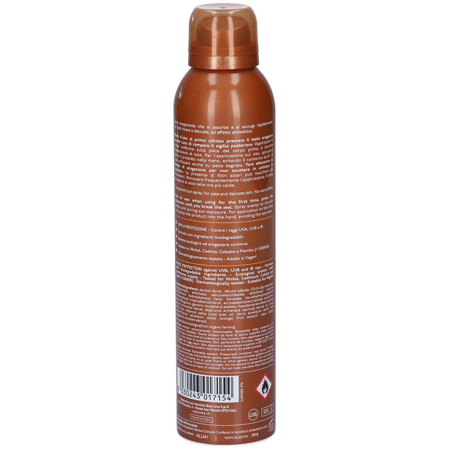 Braune Sprühflasche mit Text. Enthält Informationen über Inhaltsstoffe und Anwendung. 200ml.