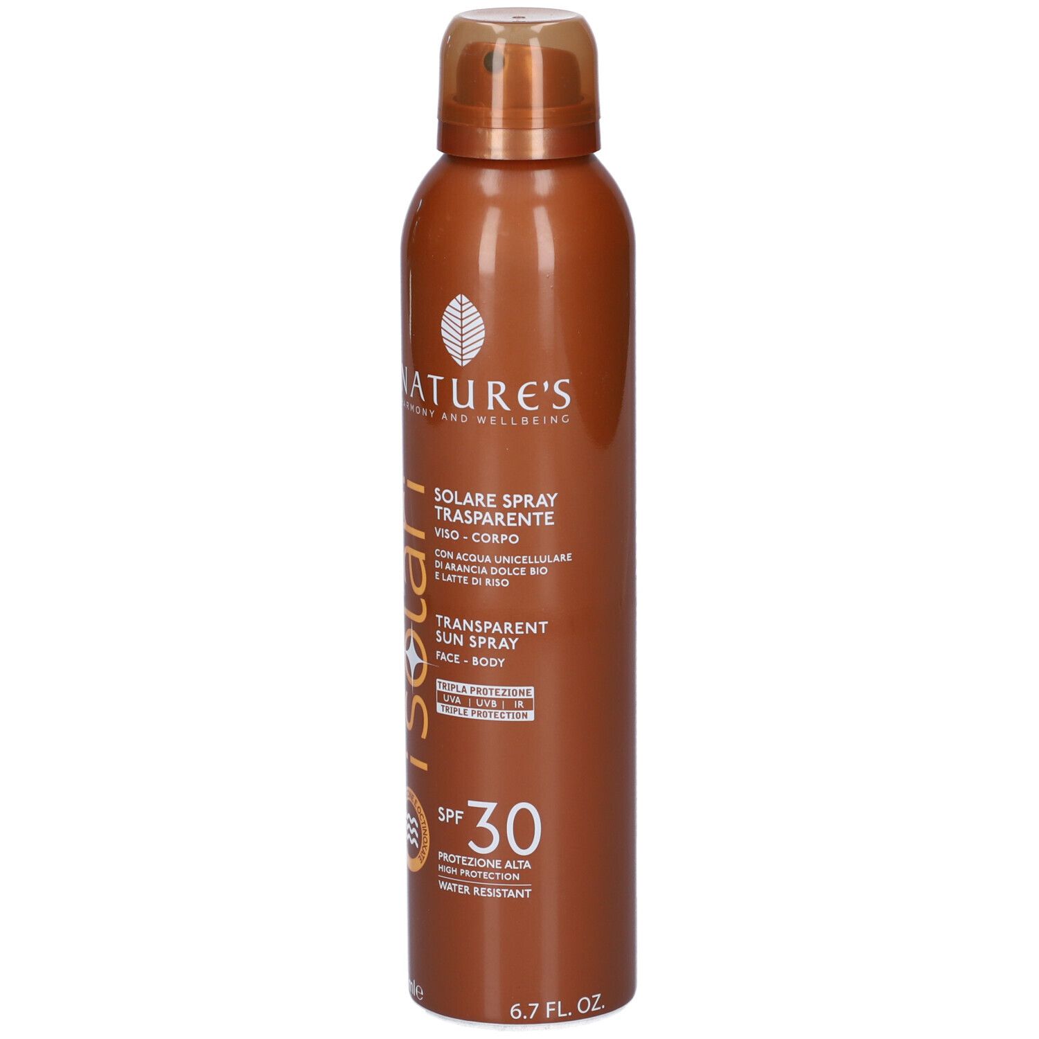 Braune Sprühflasche mit Aufschrift iSolari, NATURE'S, Sonnenspray Transparent SPF 30. Für Gesicht und Körper.