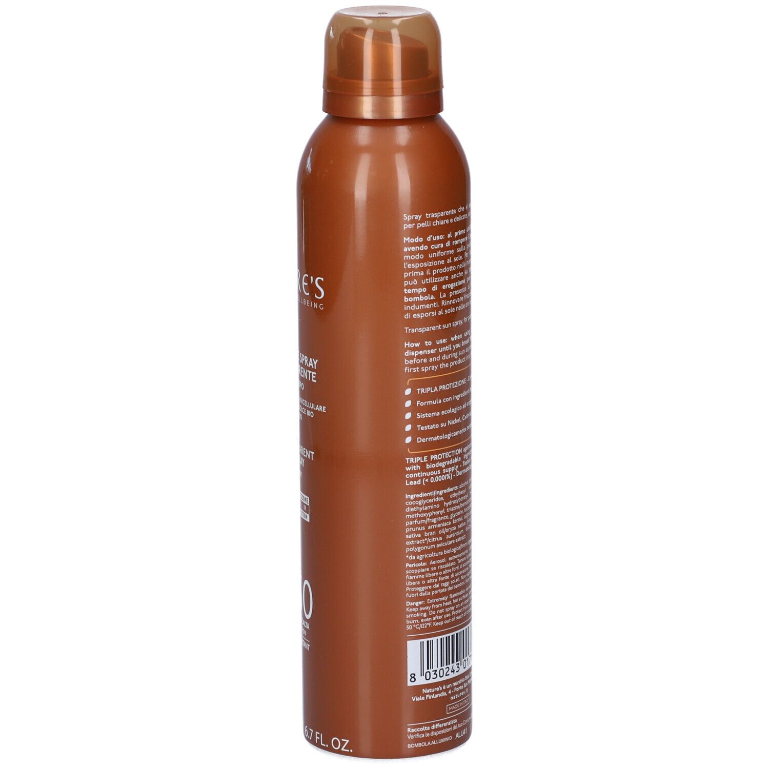 Braune Sprühflasche mit Text. Enthält Informationen über Anwendung und Inhaltsstoffe. 200ml.