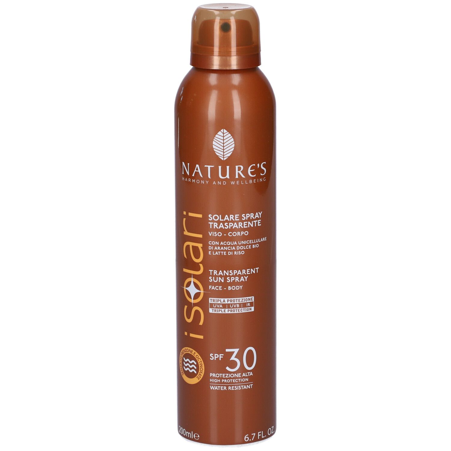Braune Sprühflasche mit Aufschrift iSolari, NATURE'S, Sonnenspray Transparent SPF 30. Für Gesicht und Körper.