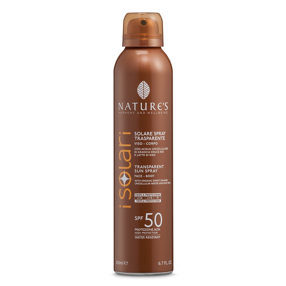 Flacone spray marrone con informazioni prodotto. Testo: NATURE'S iSolari, Solare Spray Trasparente SPF 50. Resistente all'acqua.