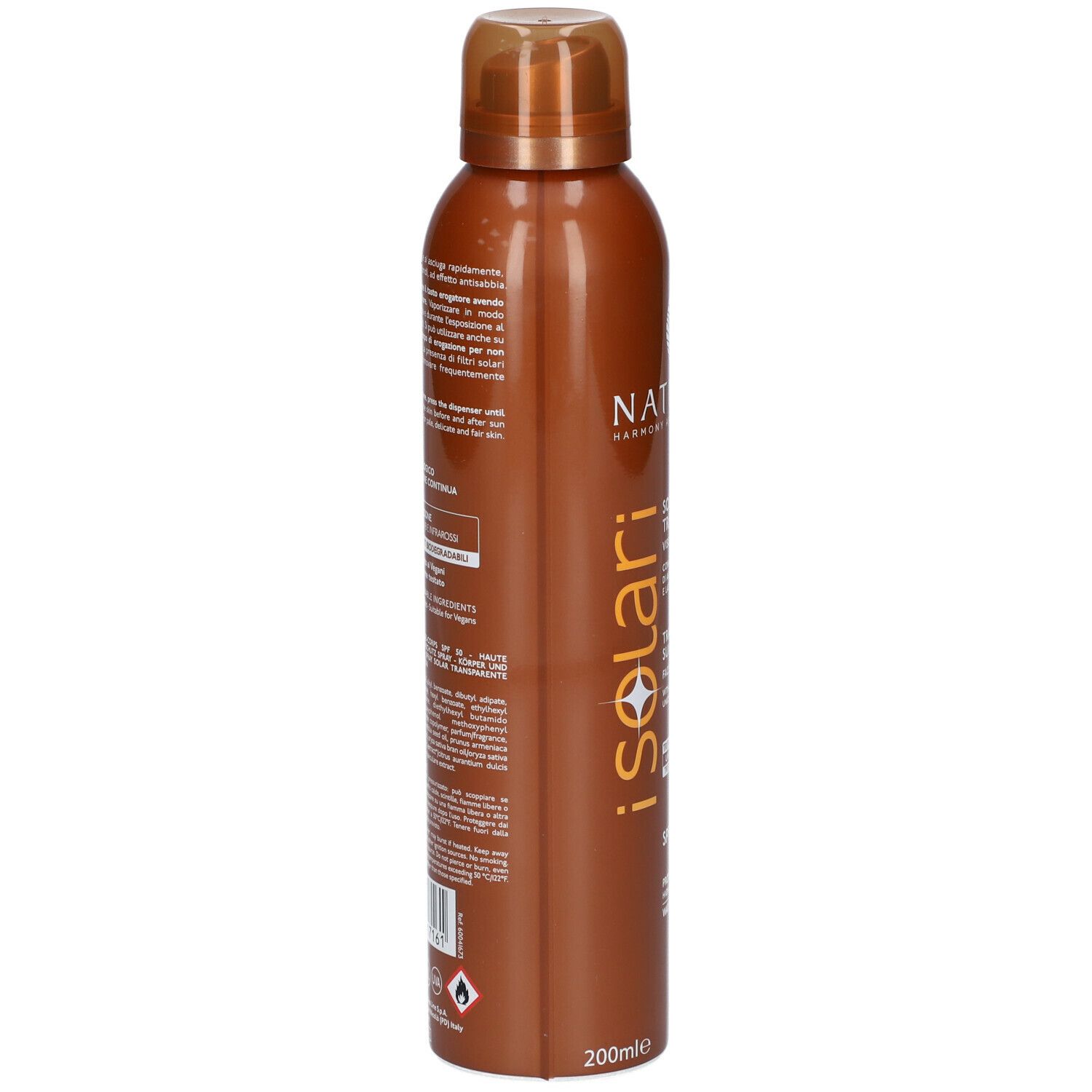 Flacone spray marrone con informazioni prodotto sul retro. Testo: NATURE'S iSolari. Contiene istruzioni e avvertenze.