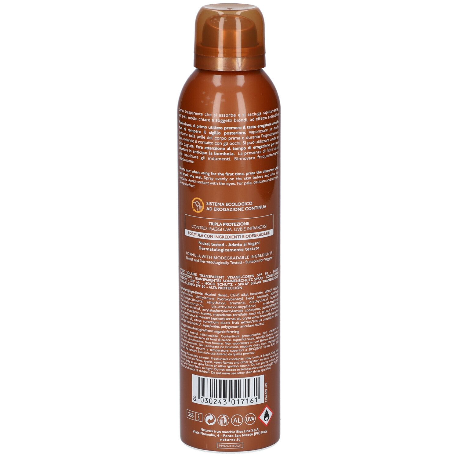 Flacone spray marrone con informazioni prodotto sul retro. Testo: NATURE'S iSolari. Contiene istruzioni e avvertenze.