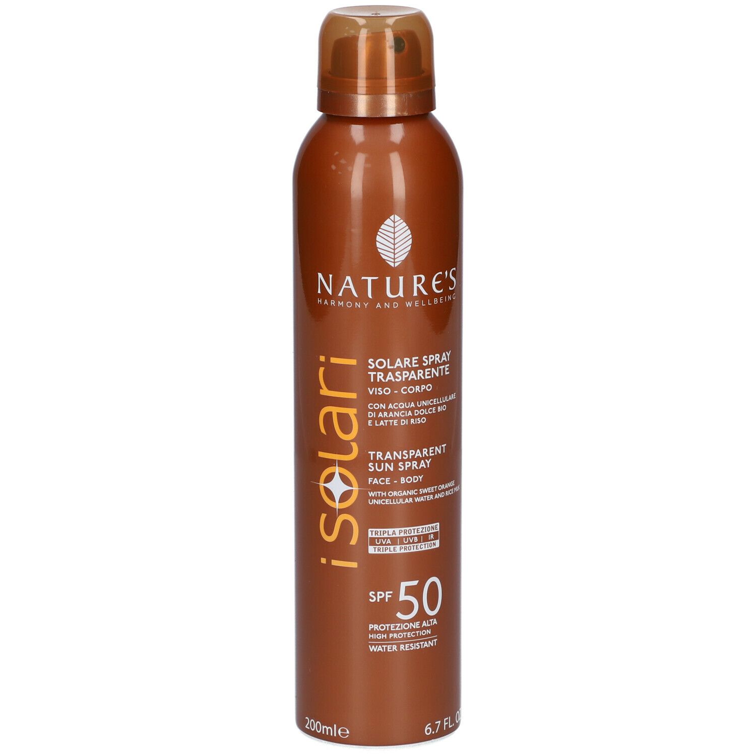 Flacone spray marrone con informazioni prodotto. Testo: NATURE'S iSolari, Solare Spray Trasparente SPF 50. Resistente all'acqua.