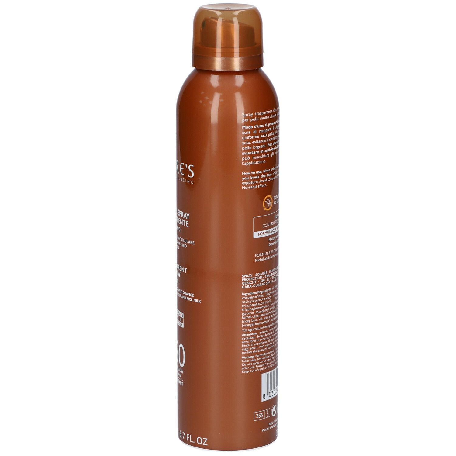Flacone spray marrone con informazioni prodotto sul retro. Testo: NATURE'S iSolari. Contiene istruzioni e avvertenze.